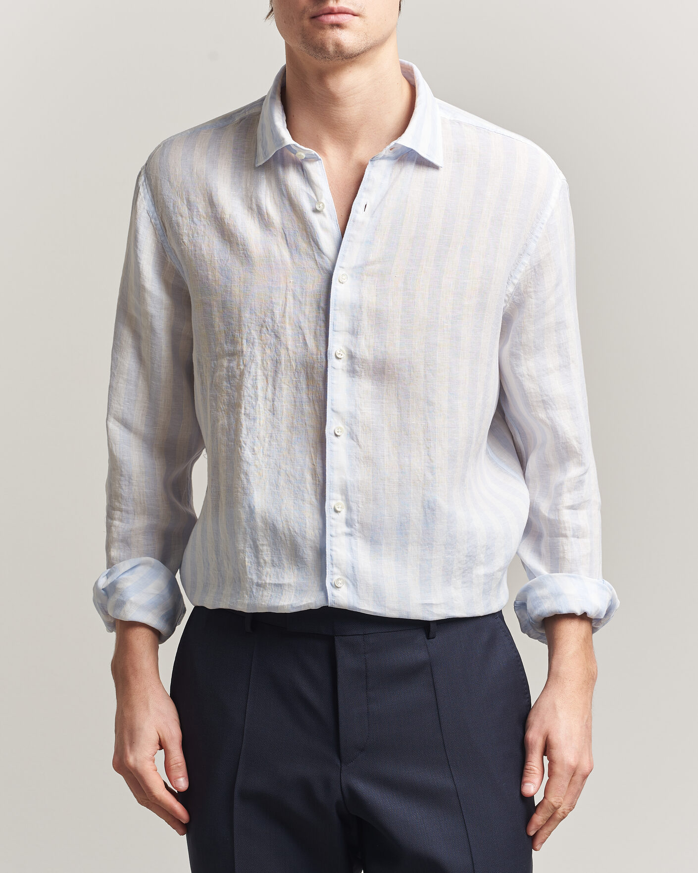 Men | Shirts | Stenströms | Regular Fit Wide Stripe Linen Shirt Light Blue
