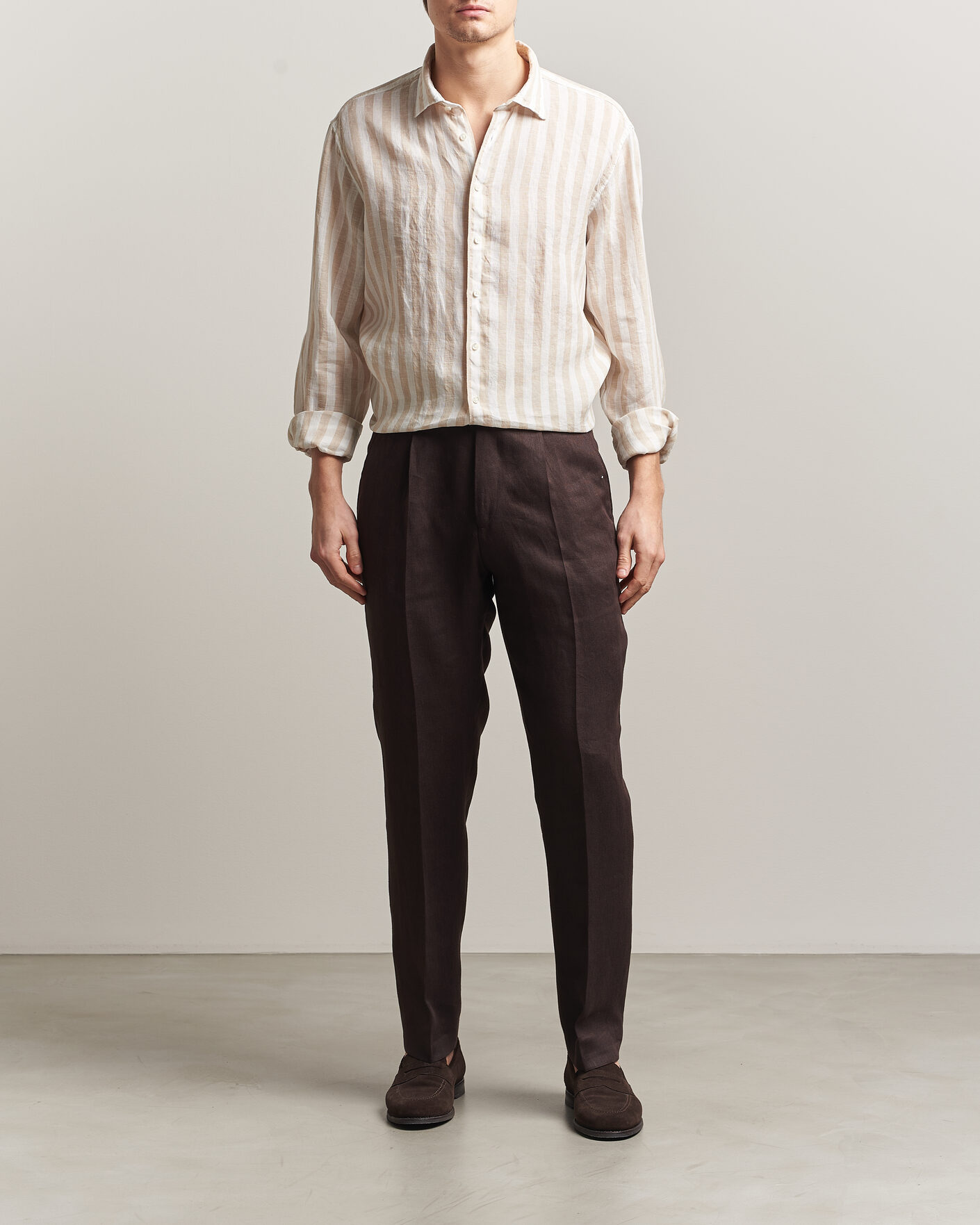 Men | Shirts | Stenströms | Regular Fit Wide Stripe Linen Shirt Beige