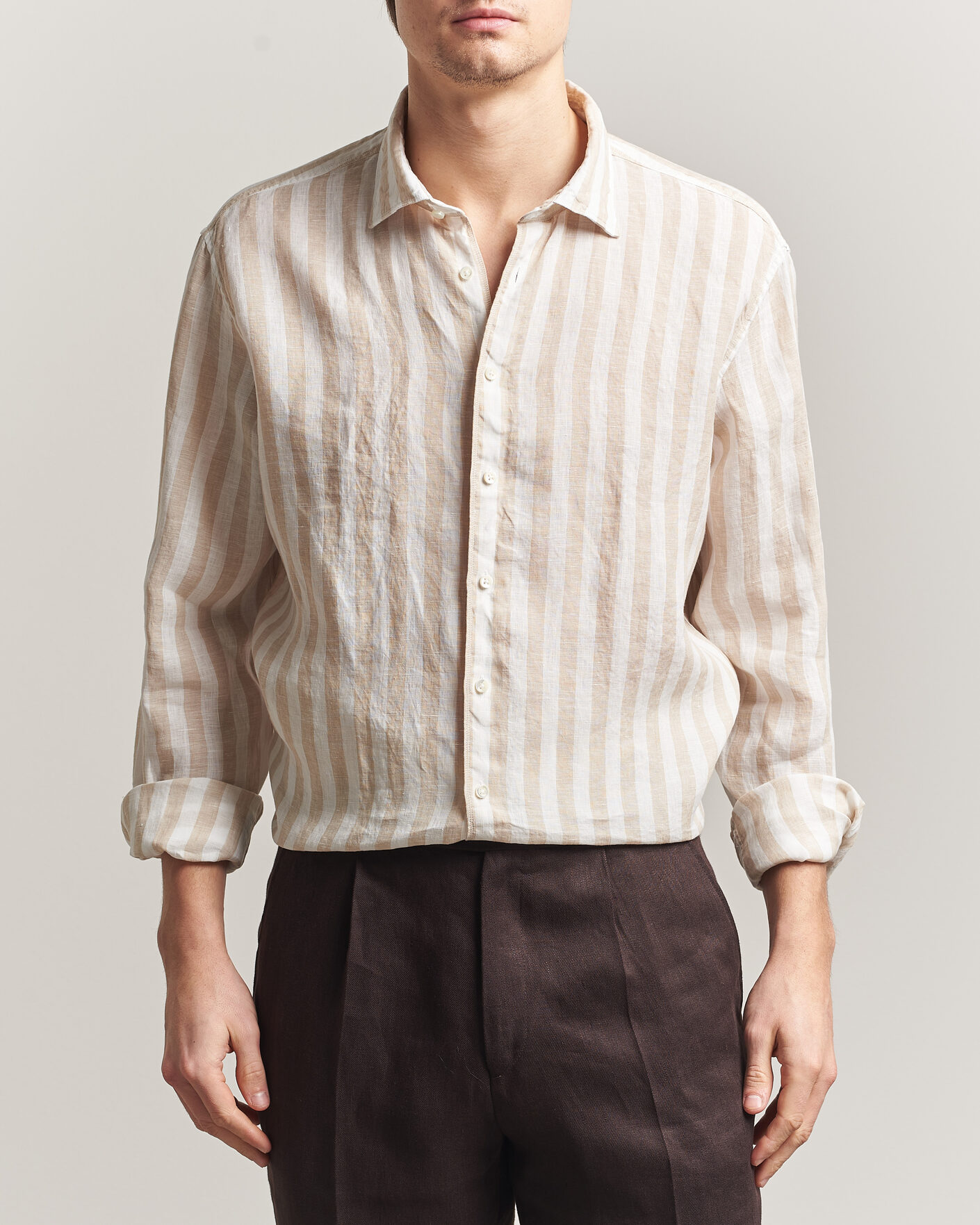 Men | Shirts | Stenströms | Regular Fit Wide Stripe Linen Shirt Beige