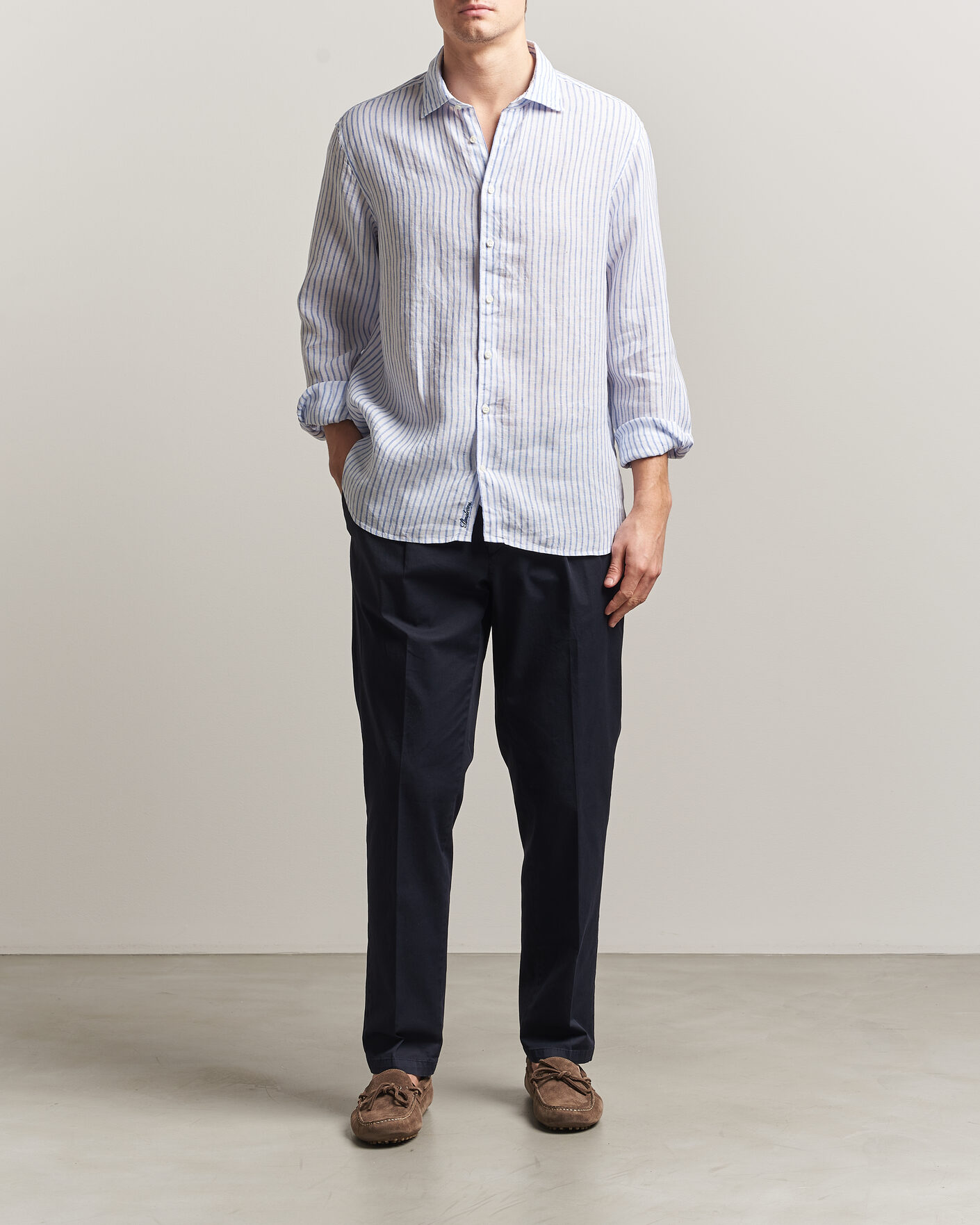 Men | Shirts | Stenströms | Regular Fit Striped Linen Shirt White/Dark Blue