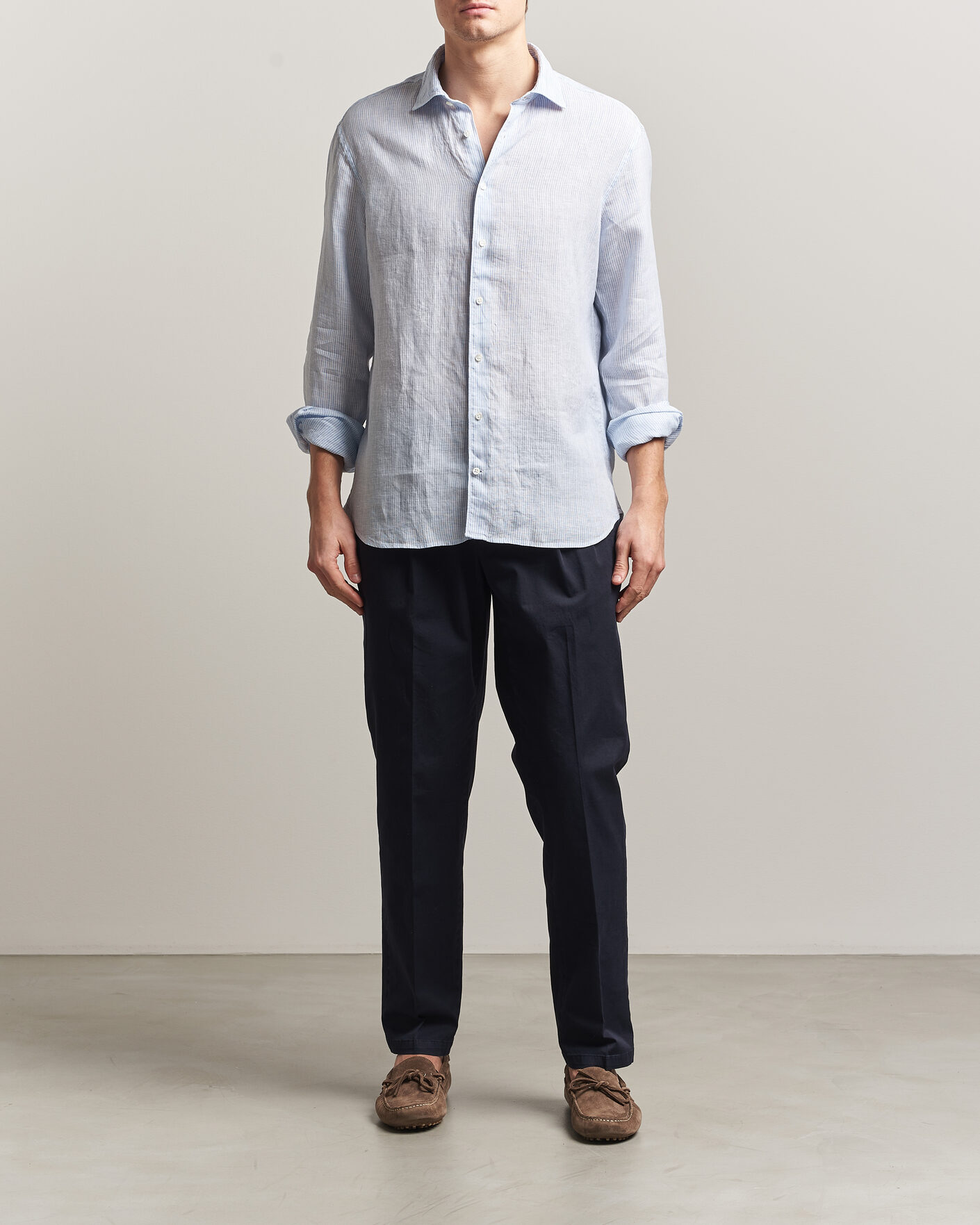 Men | Shirts | Stenströms | Regular Fit Thin Striped Linen Shirt Light Blue