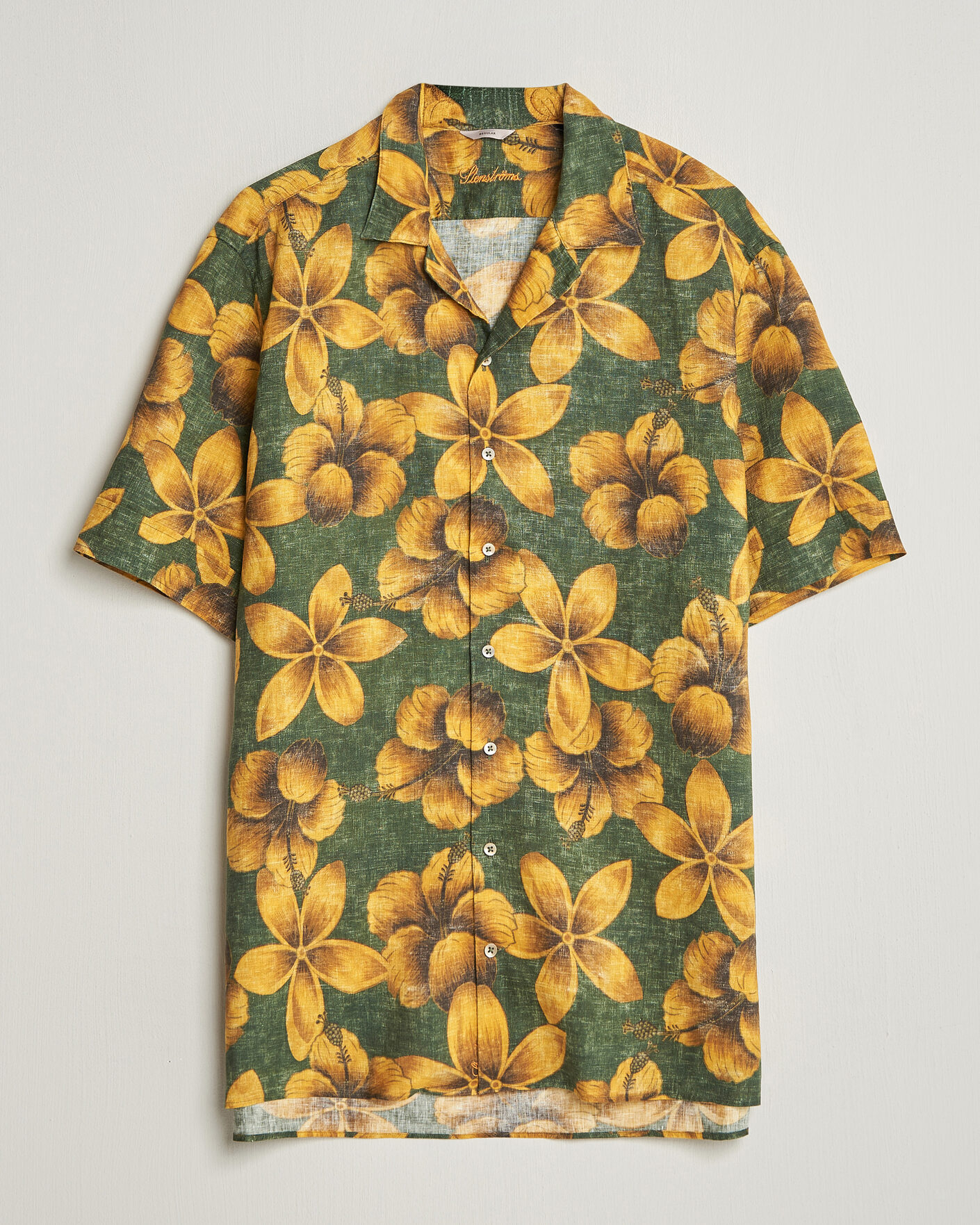 Men | Shirts | Stenströms | Flower Printed Short Sleeve Linen Shirt Green