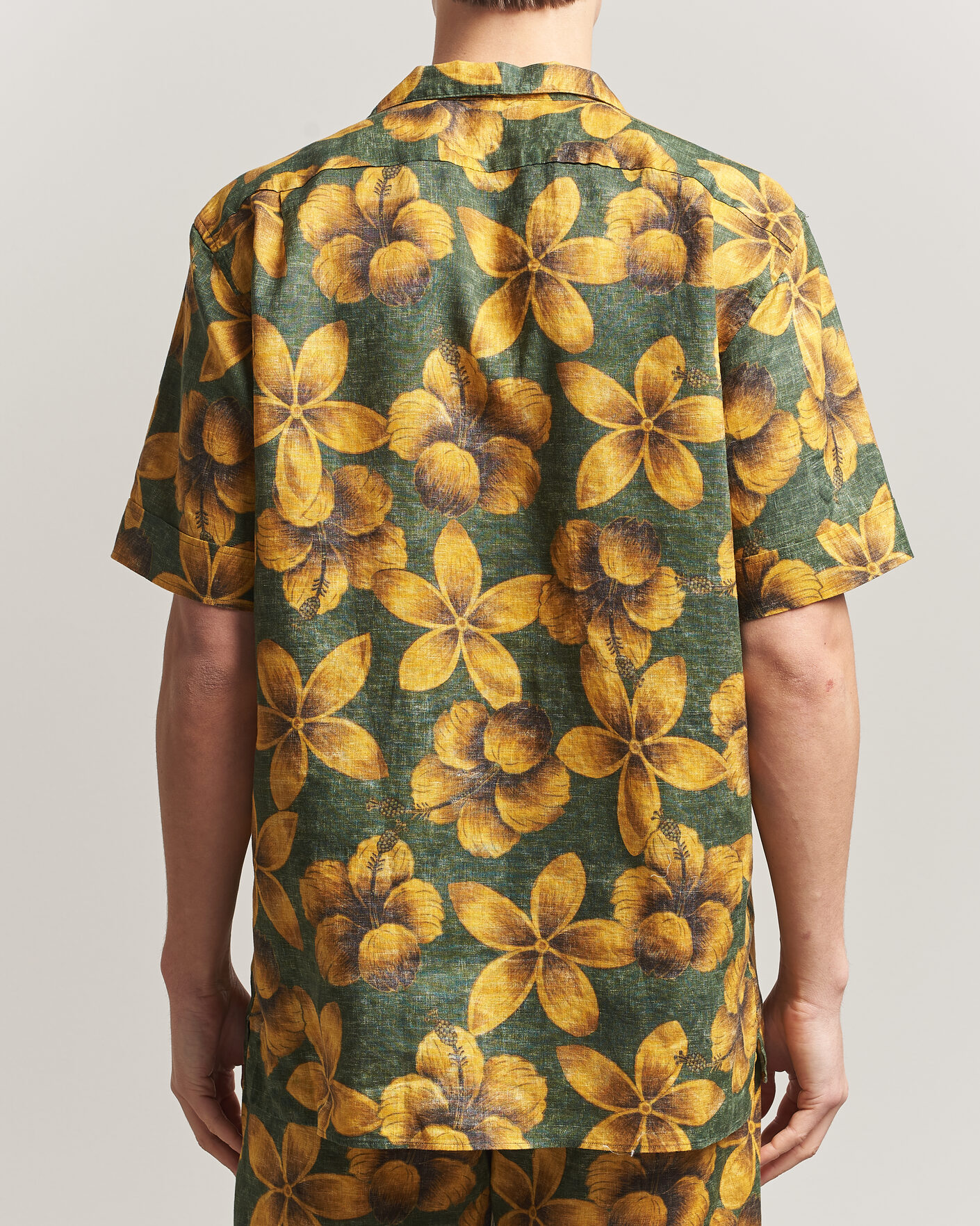 Men | Shirts | Stenströms | Flower Printed Short Sleeve Linen Shirt Green