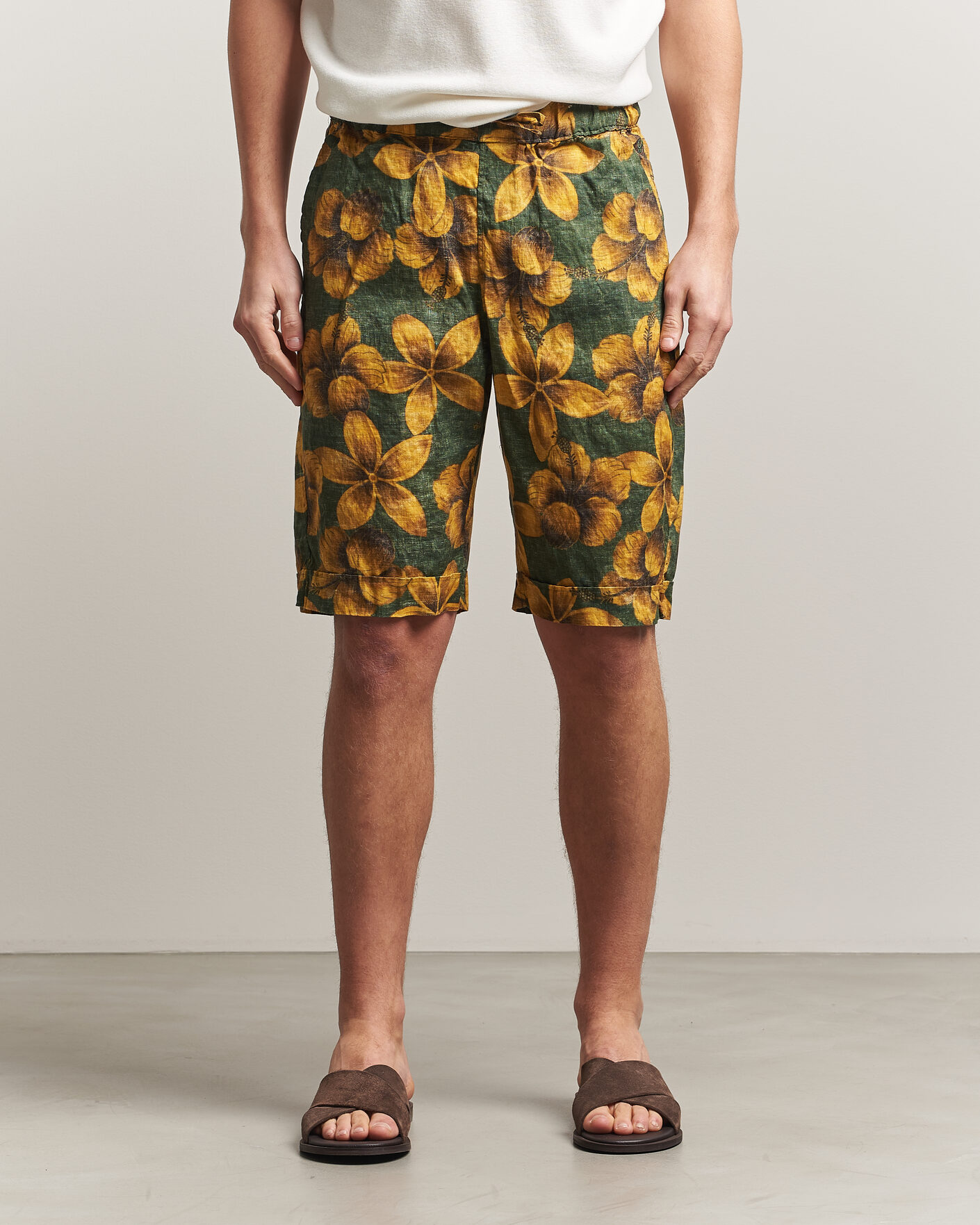 Men | Shorts | Stenströms | Flower Printed Linen Shorts Green