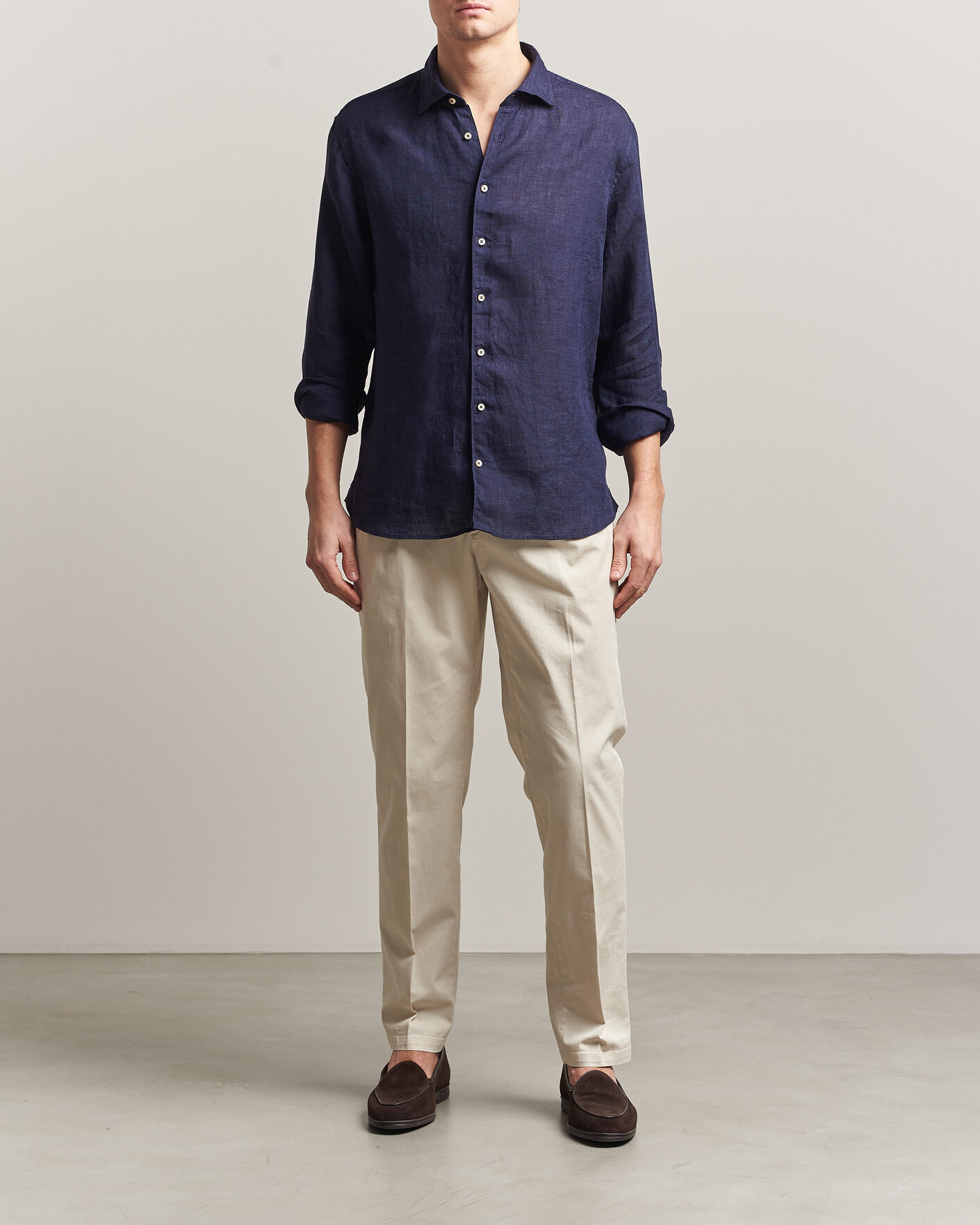 Men | Shirts | Stenströms | Regular Fit Cut Away Linen Shirt Navy