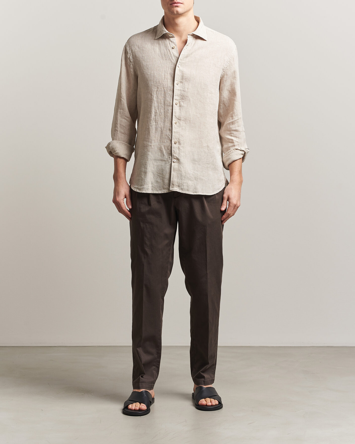 Men | Shirts | Stenströms | Regular Fit Cut Away Linen Shirt Beige