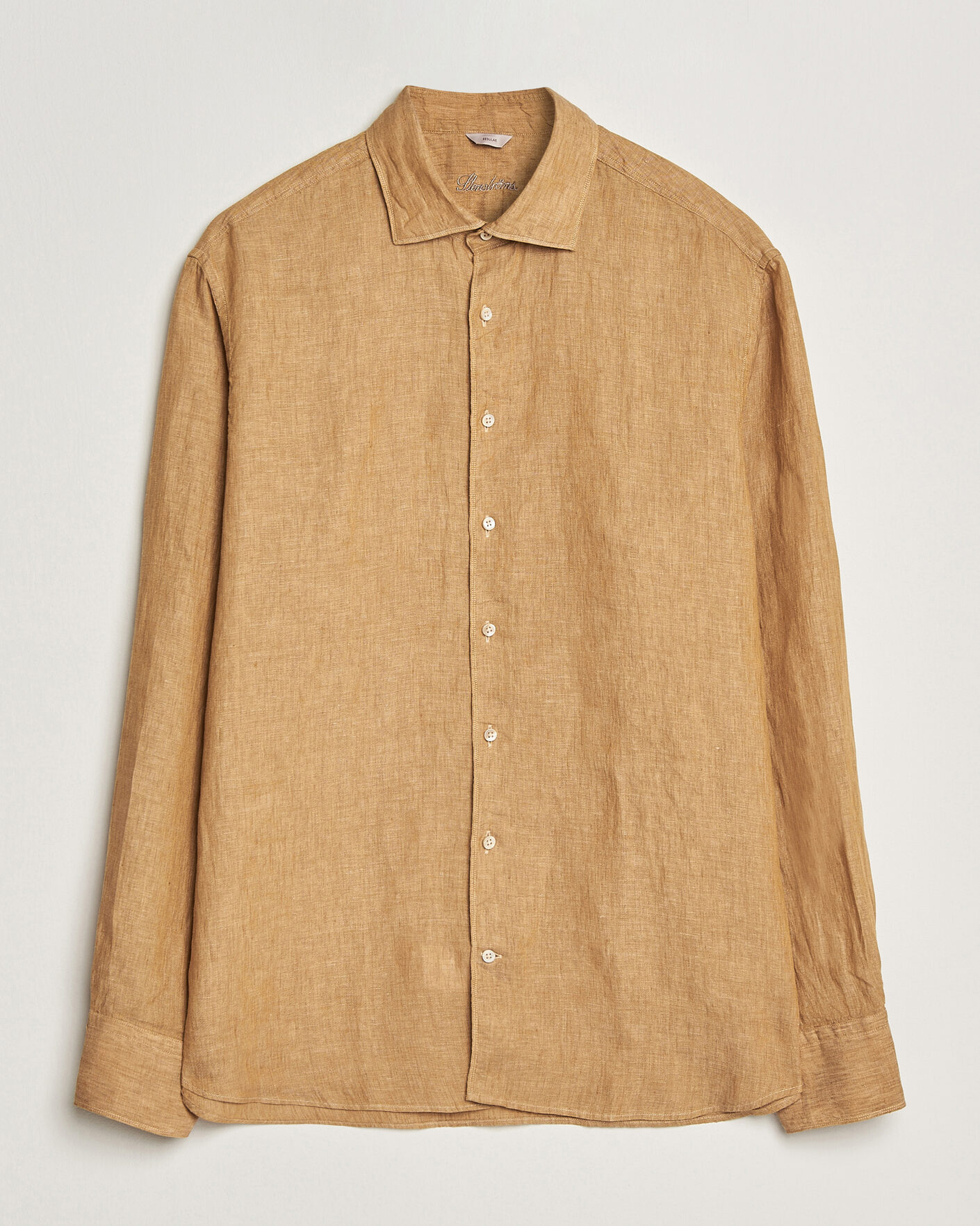 Men | Shirts | Stenströms | Regular Fit Cut Away Linen Shirt Light Brown