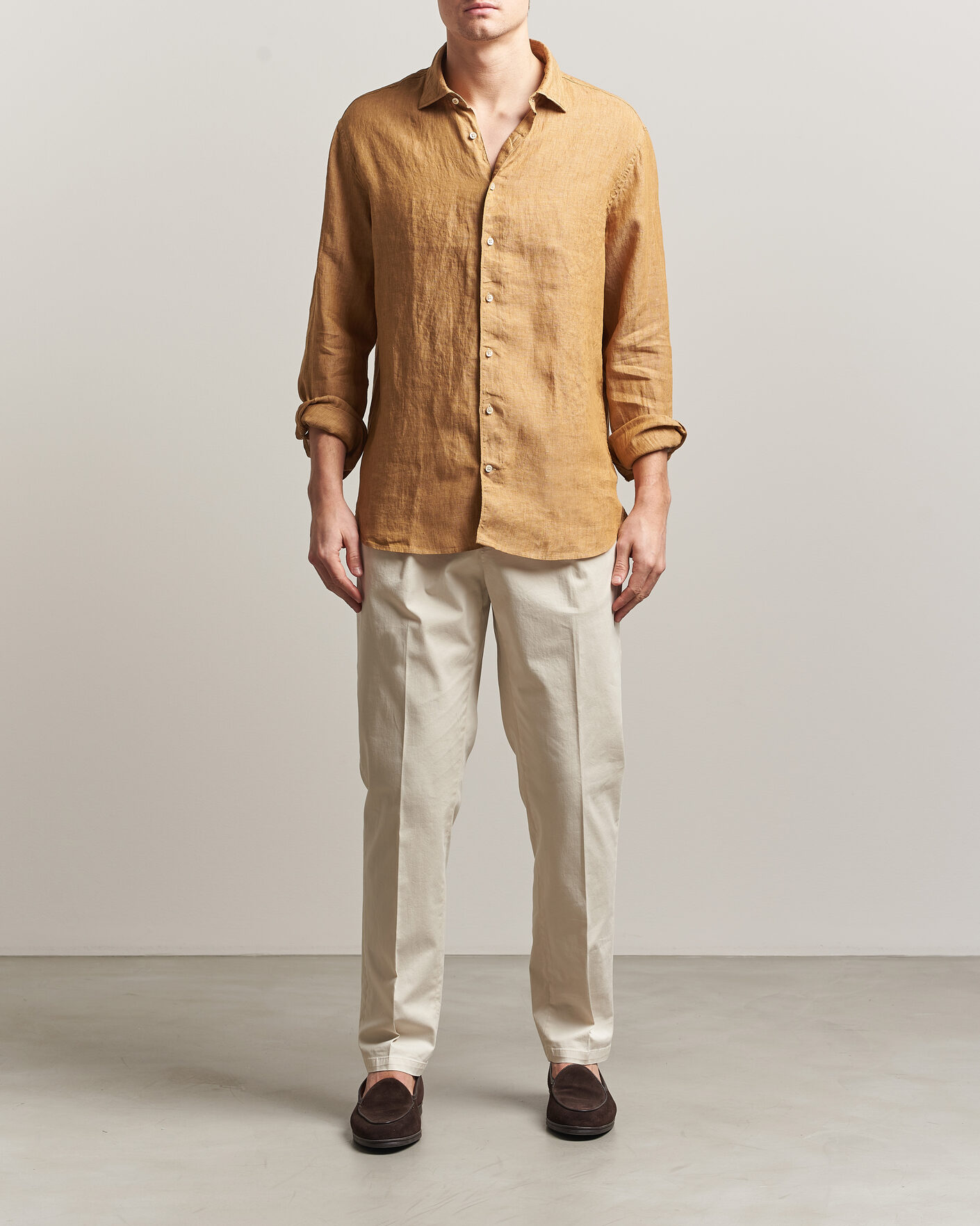 Men | Shirts | Stenströms | Regular Fit Cut Away Linen Shirt Light Brown
