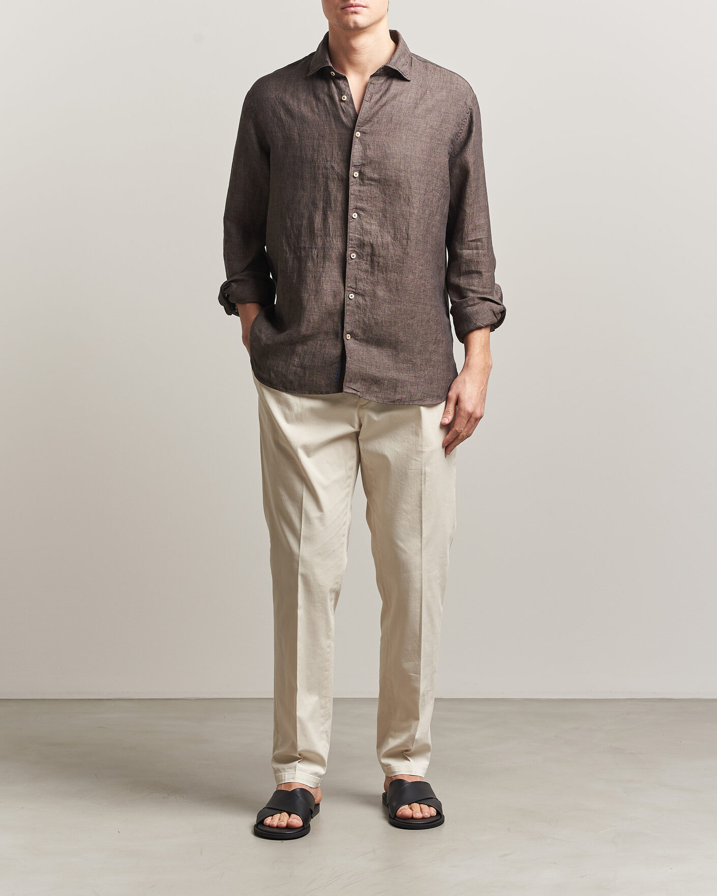Men | Shirts | Stenströms | Regular Fit Cut Away Linen Shirt Brown