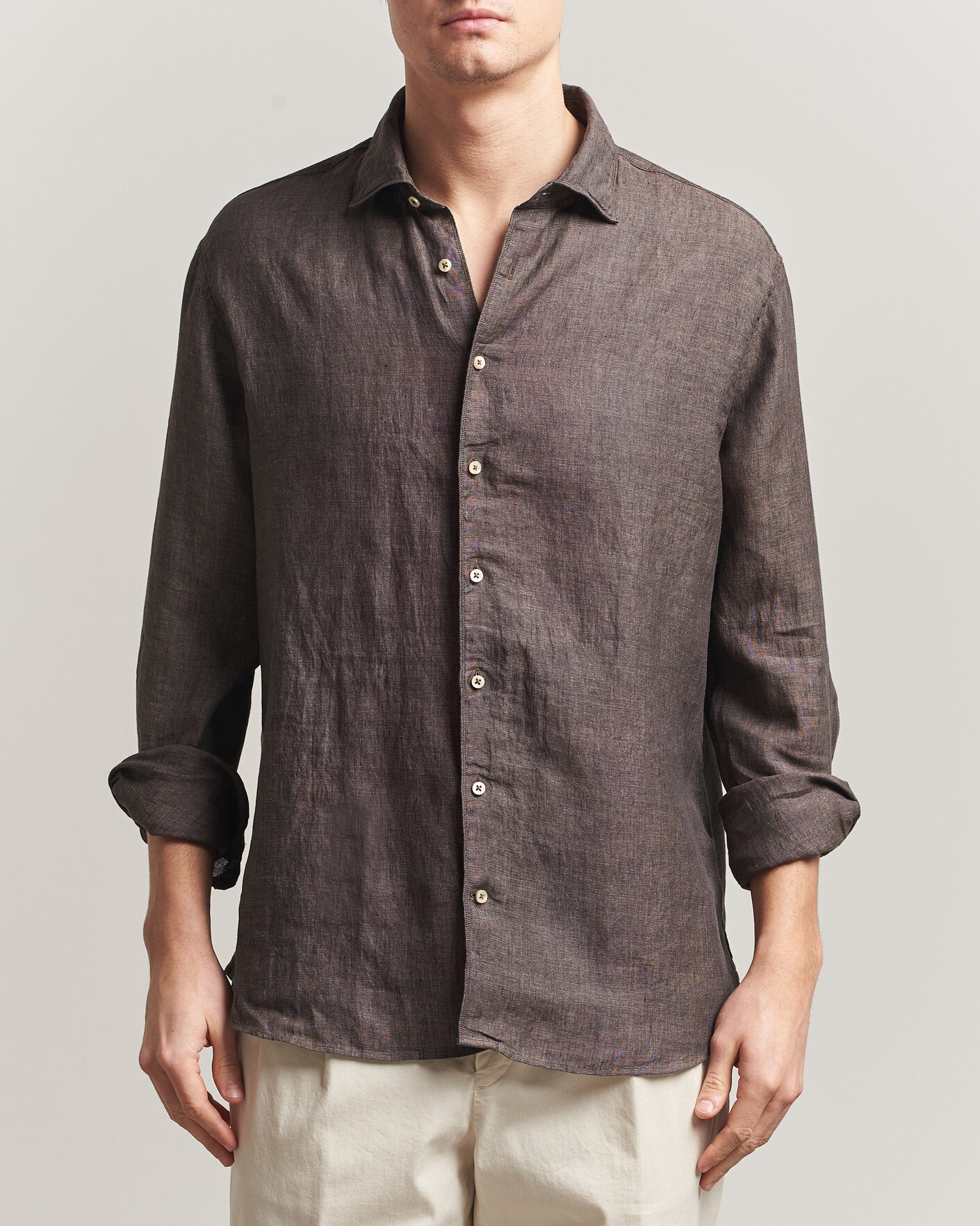 Men | Shirts | Stenströms | Regular Fit Cut Away Linen Shirt Brown
