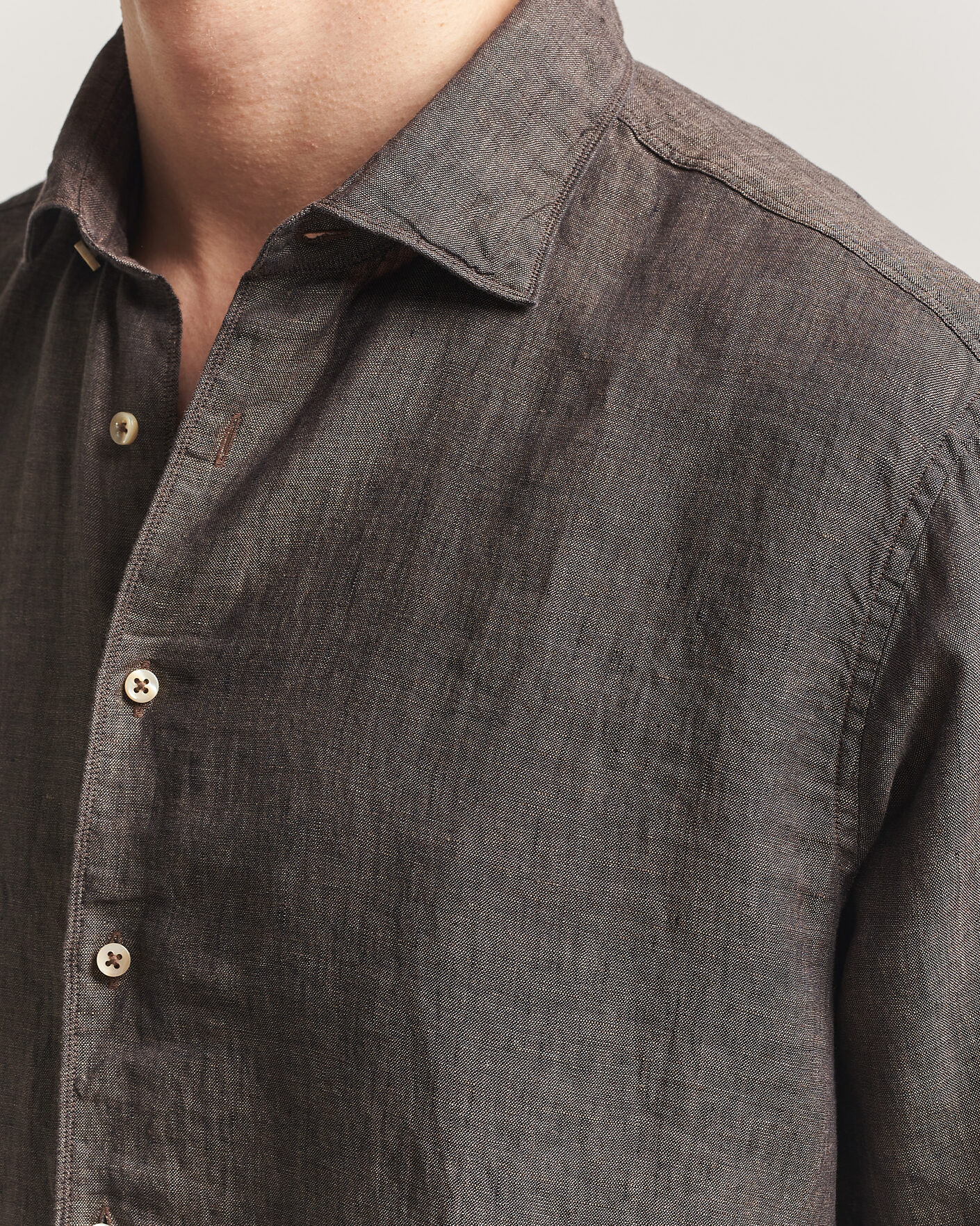 Men | Shirts | Stenströms | Regular Fit Cut Away Linen Shirt Brown