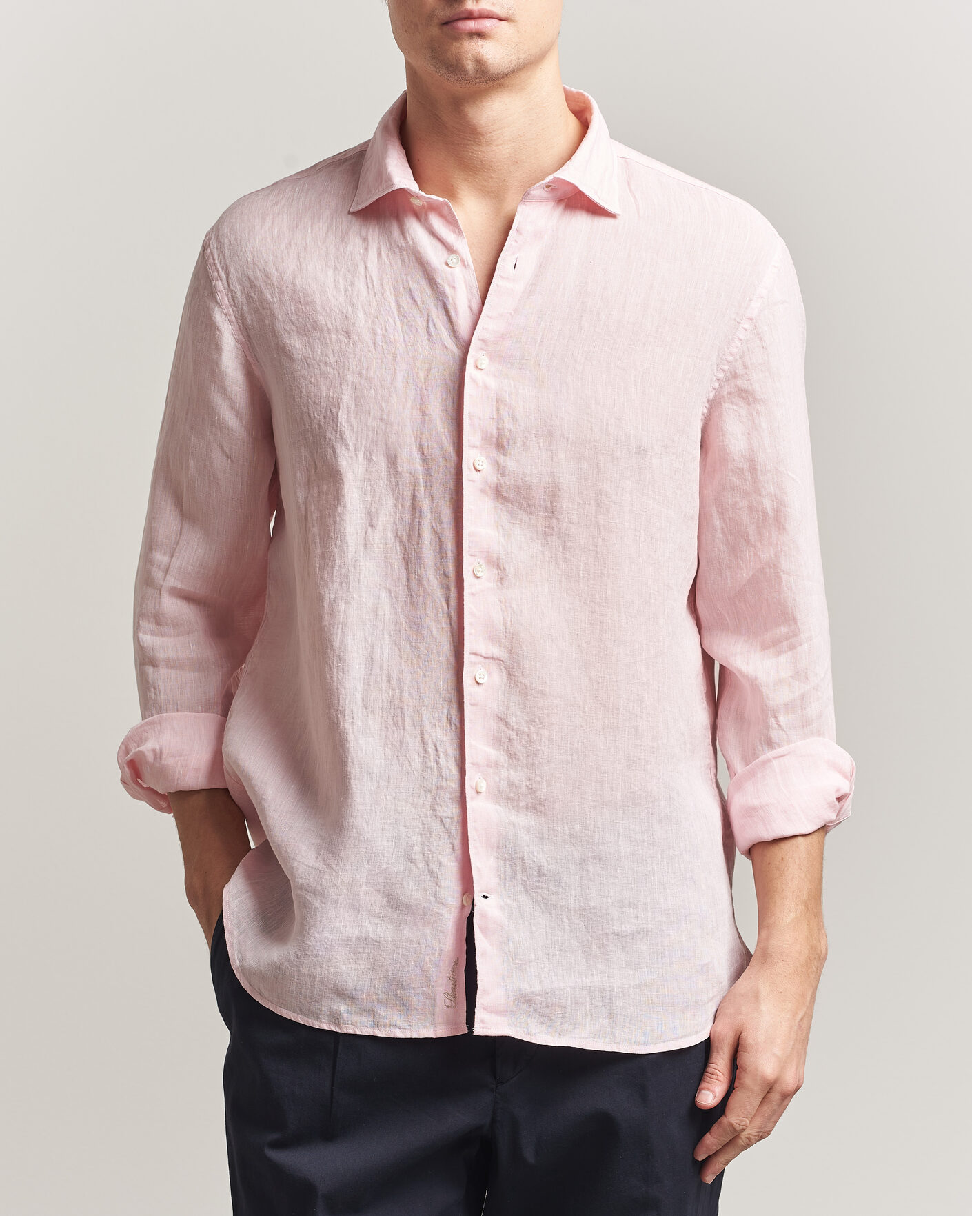 Men | Shirts | Stenströms | Regular Fit Cut Away Linen Shirt Soft Pink