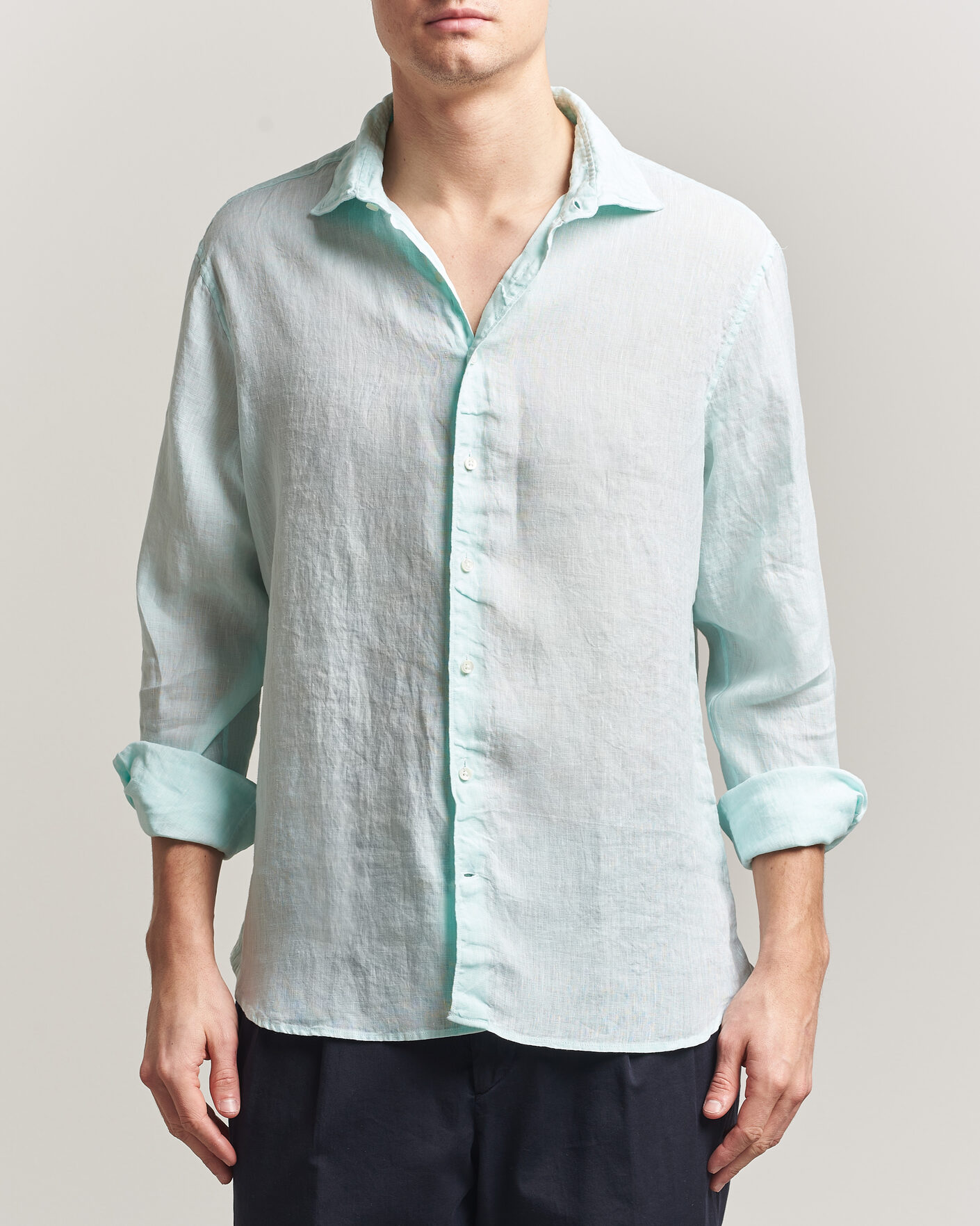 Men | Shirts | Stenströms | Regular Fit Cut Away Linen Shirt Mint