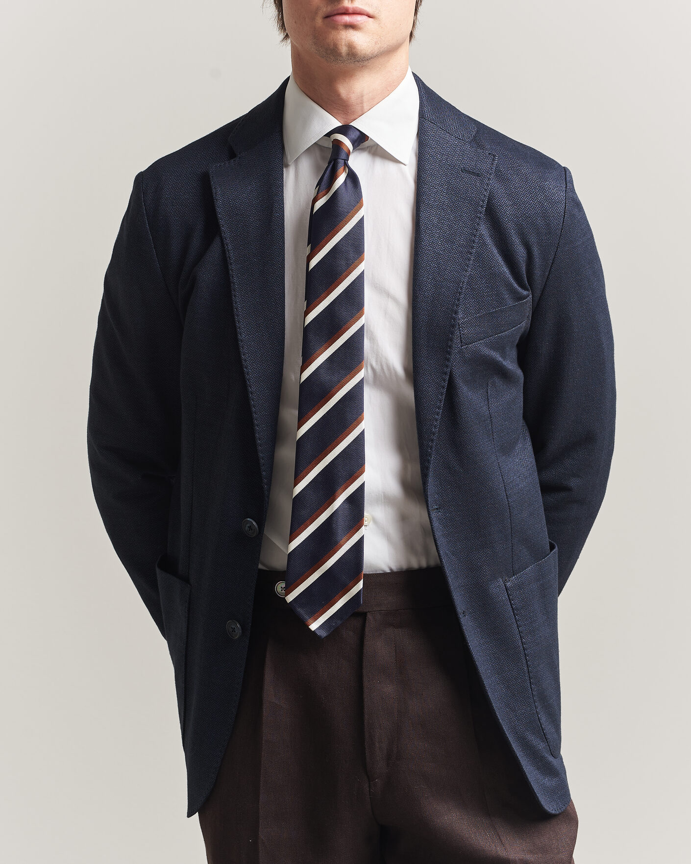 Men | Blazers | Eton | Linen Jersey Herringbone Blazer Navy Blue