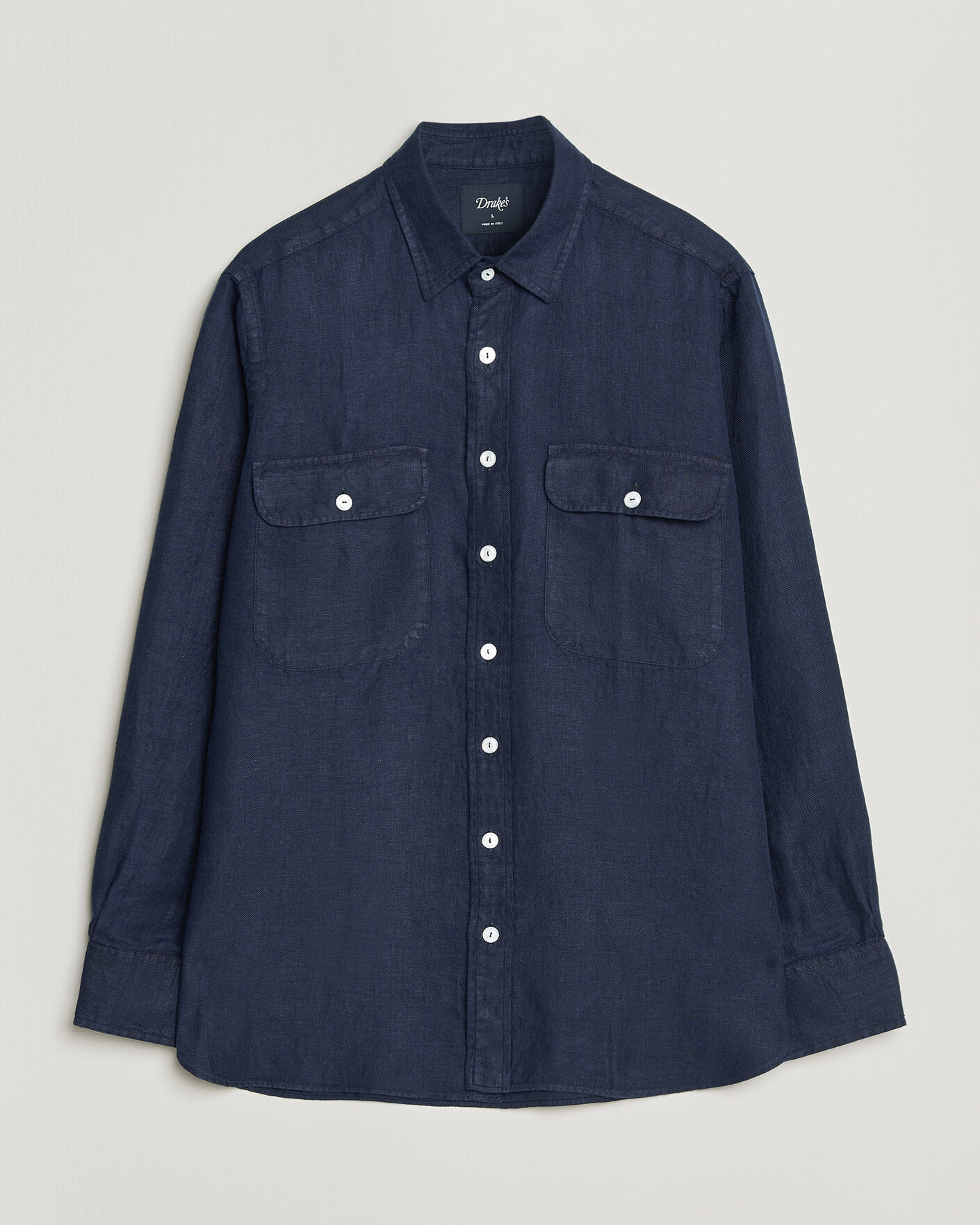 Drake's Linen Twill Deep Pocket Work Shirt Navy at CareOfCarl.com