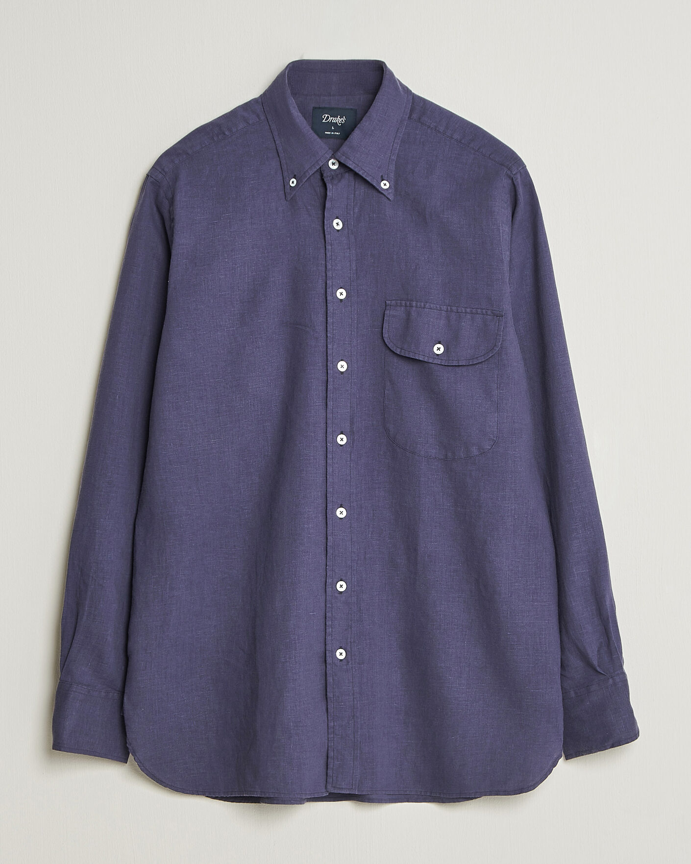 Men | Shirts | Drake's | Linen Button Down Curved Pocket Shirt Navy