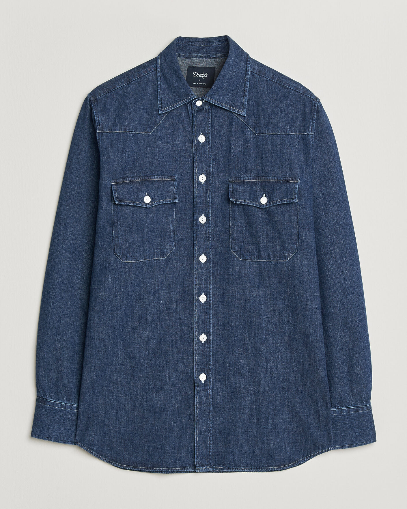 Men | Shirts | Drake's | Light Denim Western Shirt Stone Wash