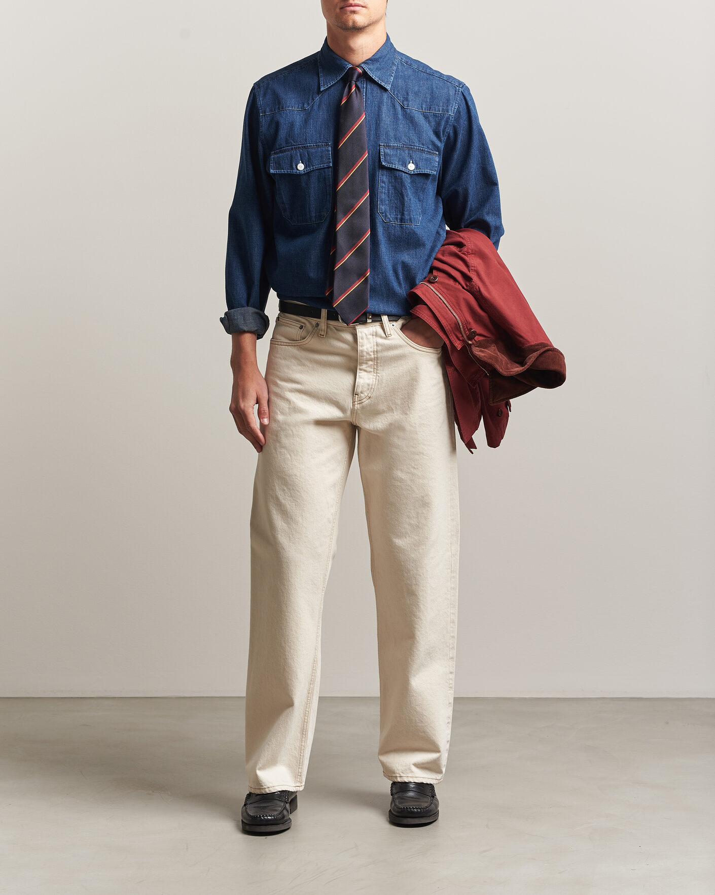 Men | Shirts | Drake's | Light Denim Western Shirt Stone Wash