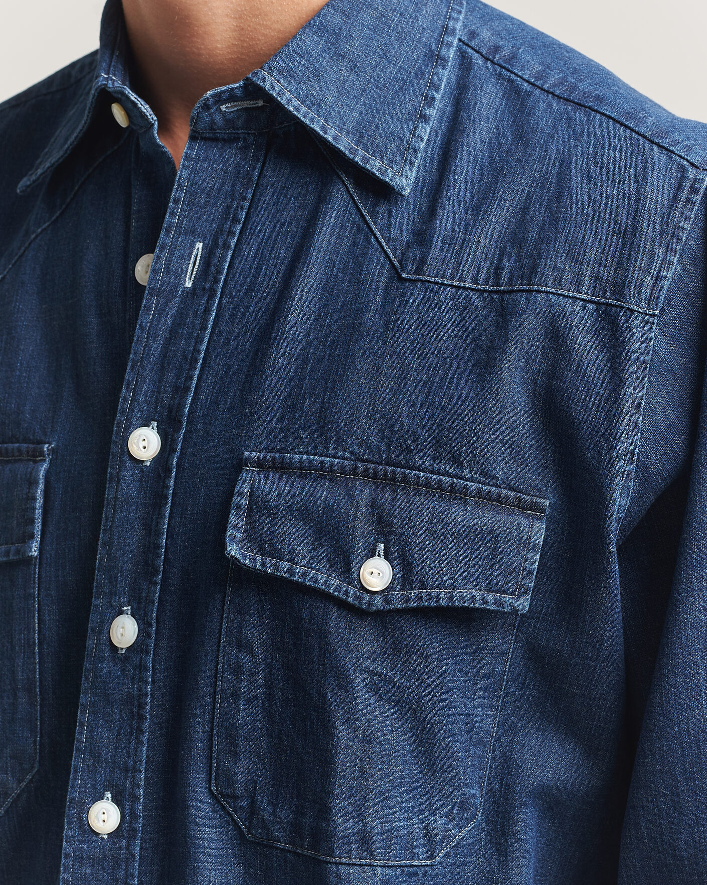 Men | Shirts | Drake's | Light Denim Western Shirt Stone Wash