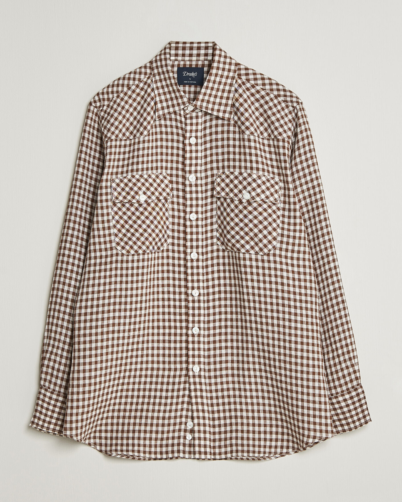 Men | Shirts | Drake's | Linen Gingham Western Shirt Brown/White