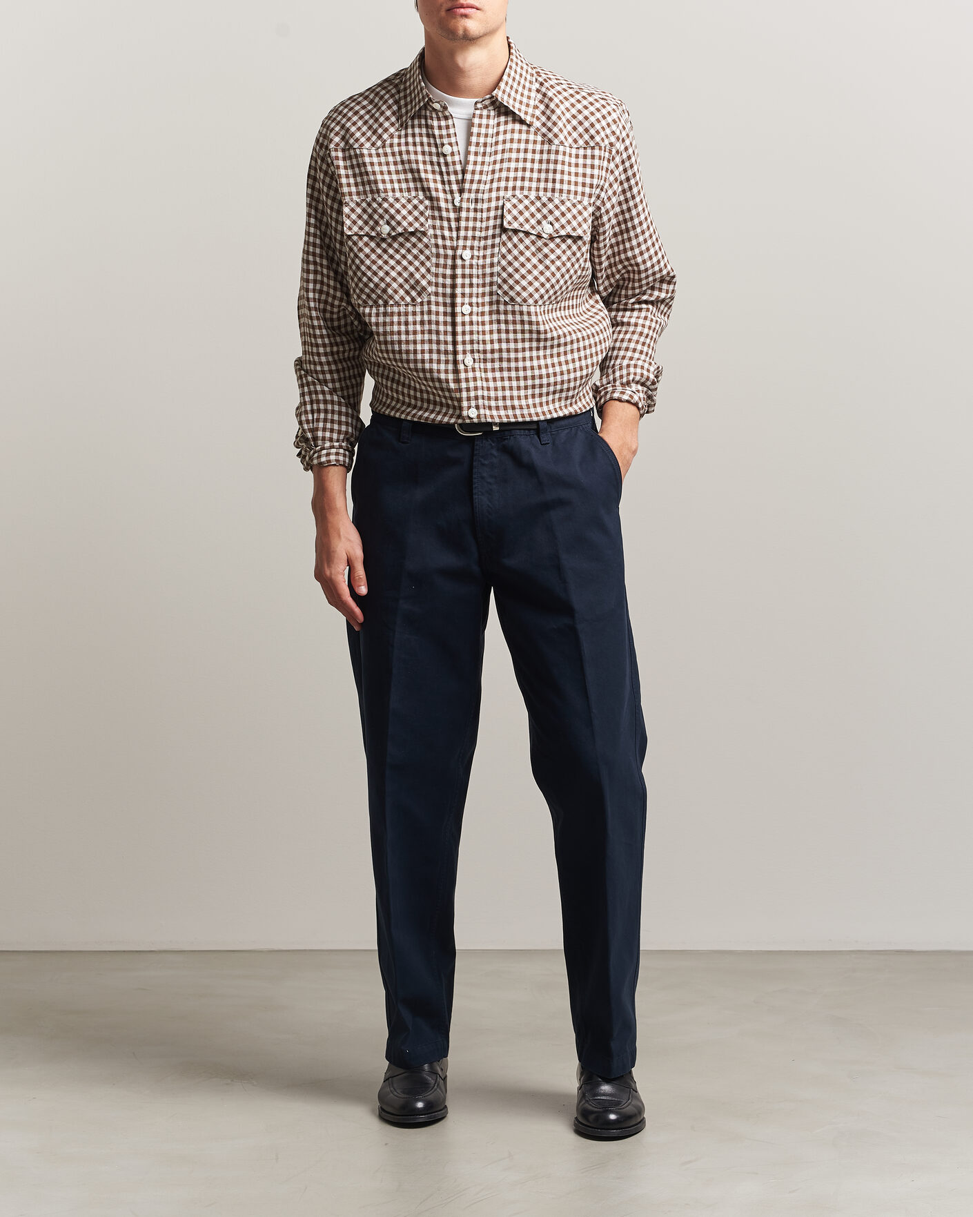 Men | Shirts | Drake's | Linen Gingham Western Shirt Brown/White