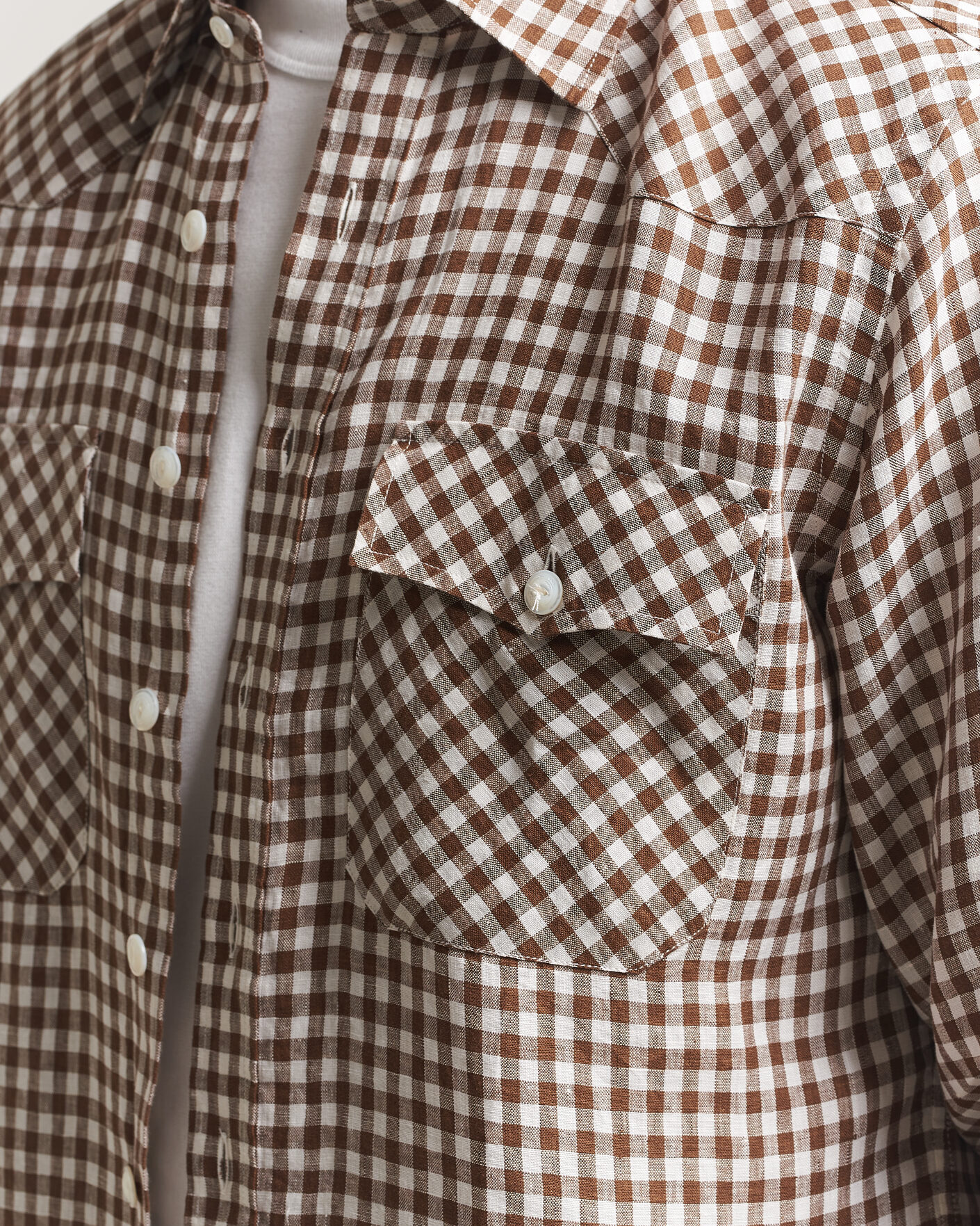 Men | Shirts | Drake's | Linen Gingham Western Shirt Brown/White