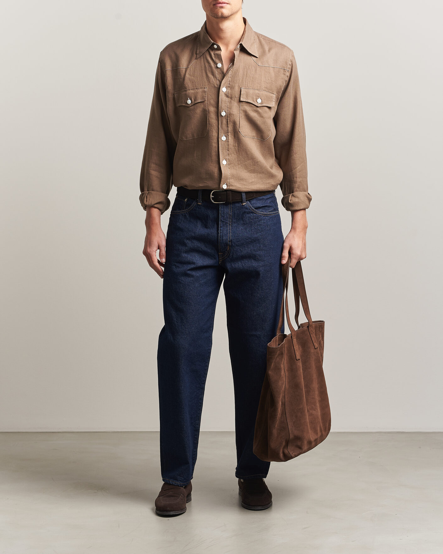Men | Shirts | Drake's | Solid Linen Western Shirt Brown