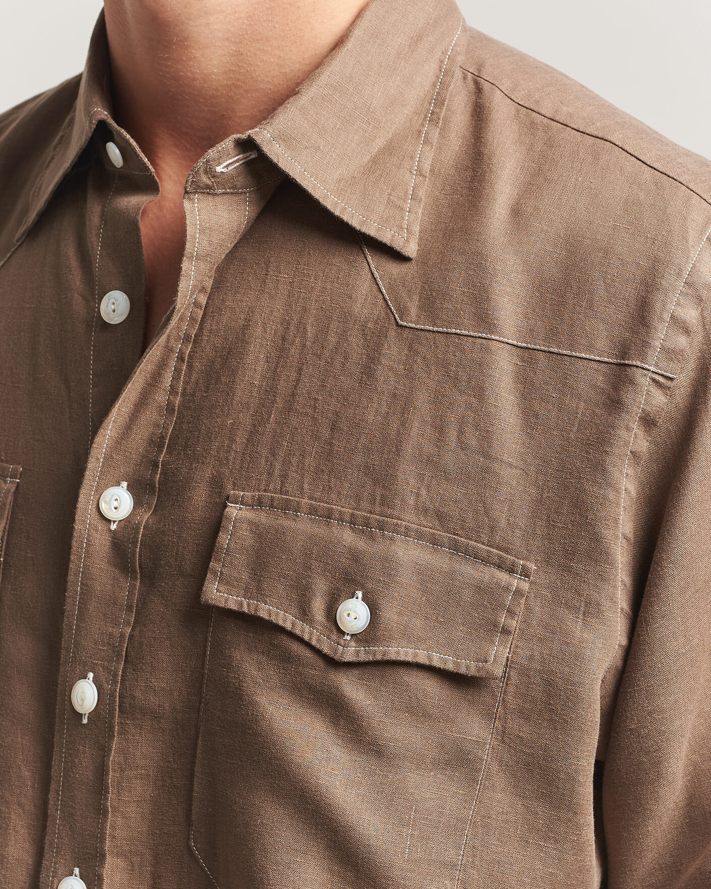 Men | Shirts | Drake's | Solid Linen Western Shirt Brown