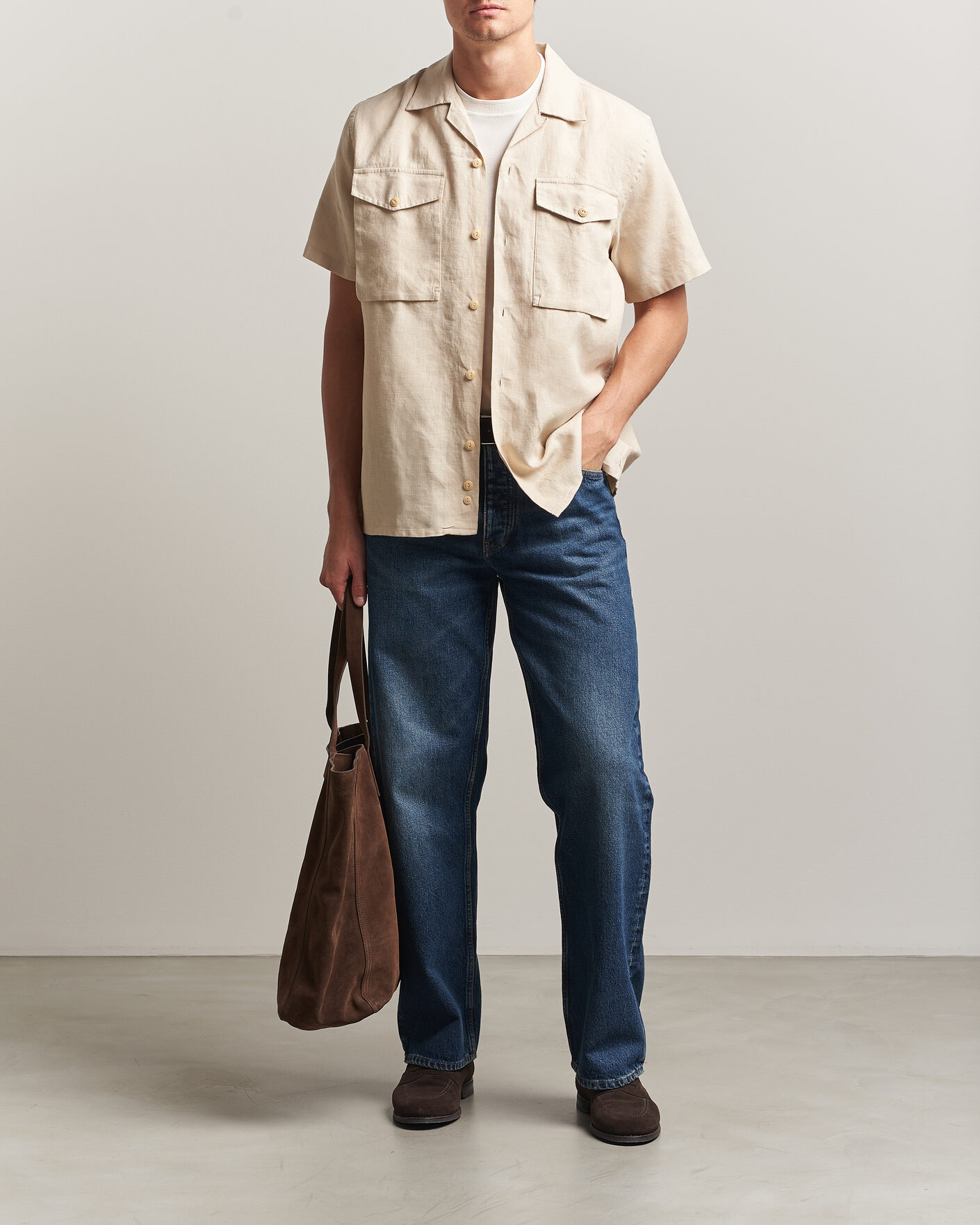 Men | Shirts | Drake's | Military Short Sleeve Camp Collar Shirt Ecru