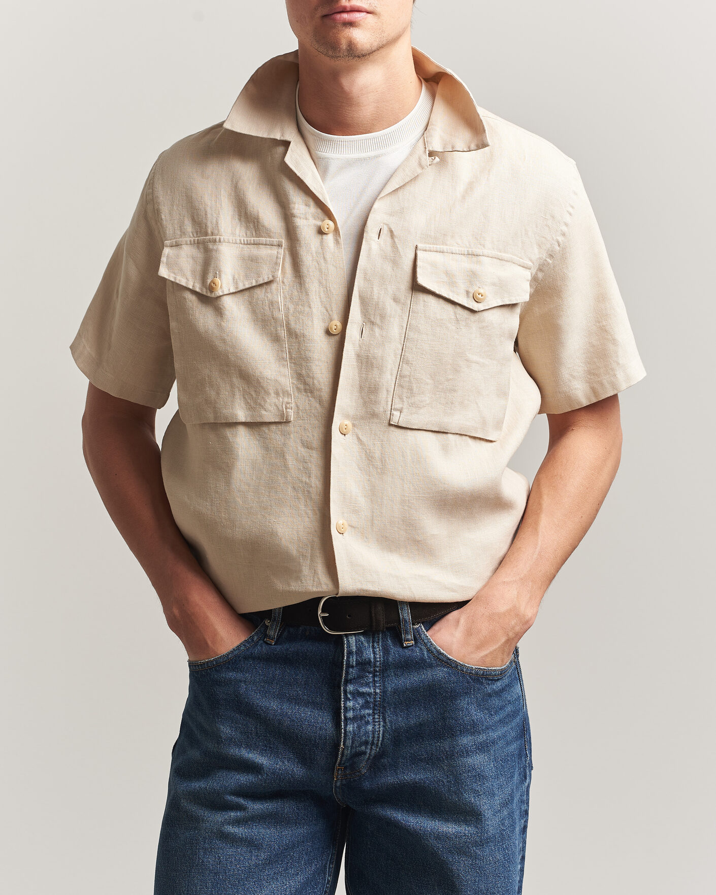Men | Shirts | Drake's | Military Short Sleeve Camp Collar Shirt Ecru