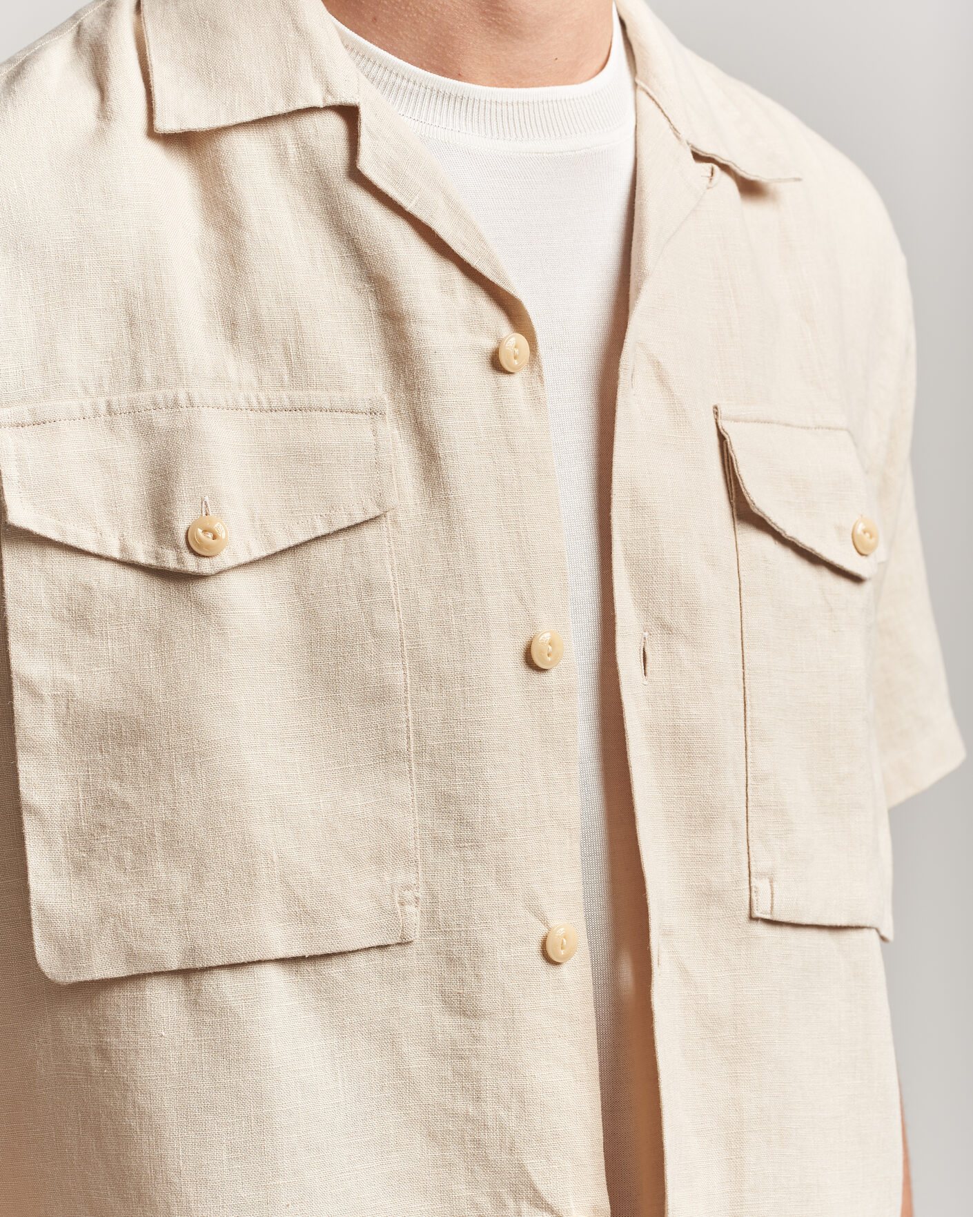 Men | Shirts | Drake's | Military Short Sleeve Camp Collar Shirt Ecru