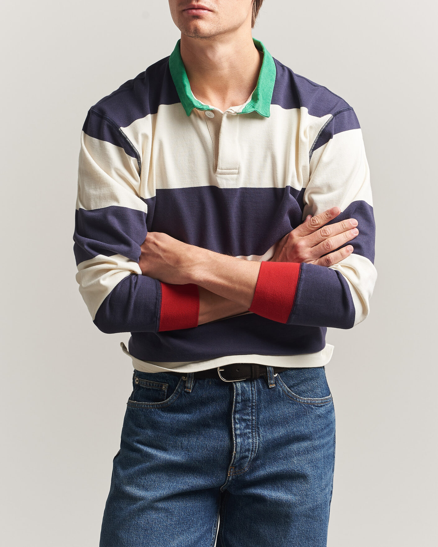 Men | Sweaters & Knitwear | Drake's | Dual Block Stripe Rugby Whie/Navy