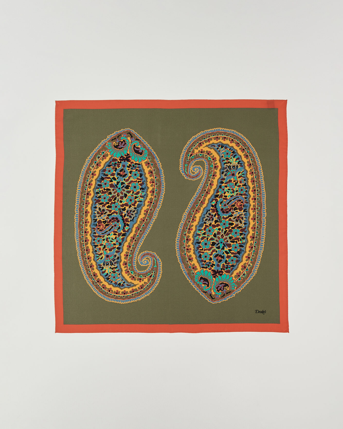 Men | Dress Scarves | Drake's | Paisley Print Crepe Silk Bandana Olive