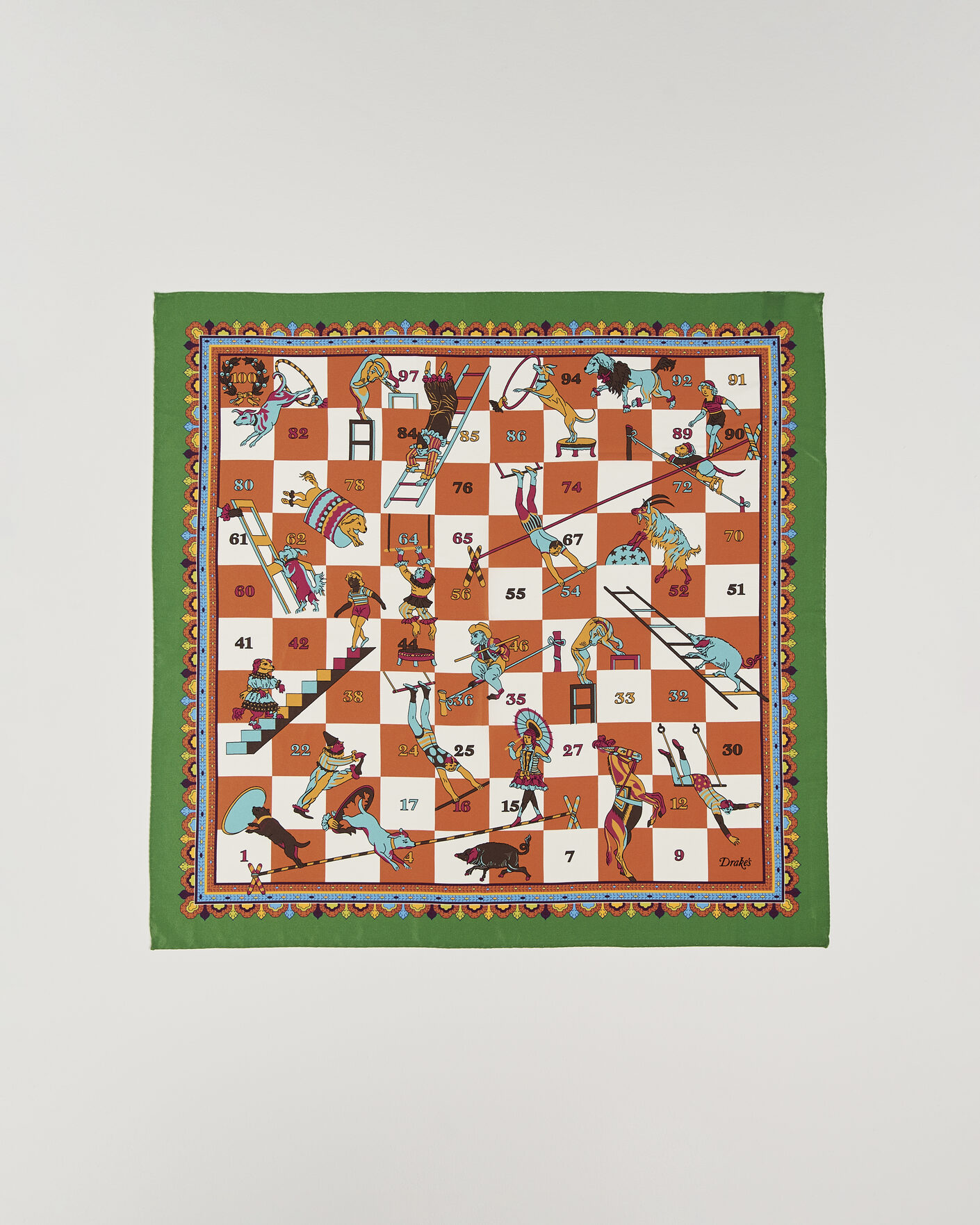 Men | Dress Scarves | Drake's | Snakes & Ladders Print Crepe Silk Bandana Green