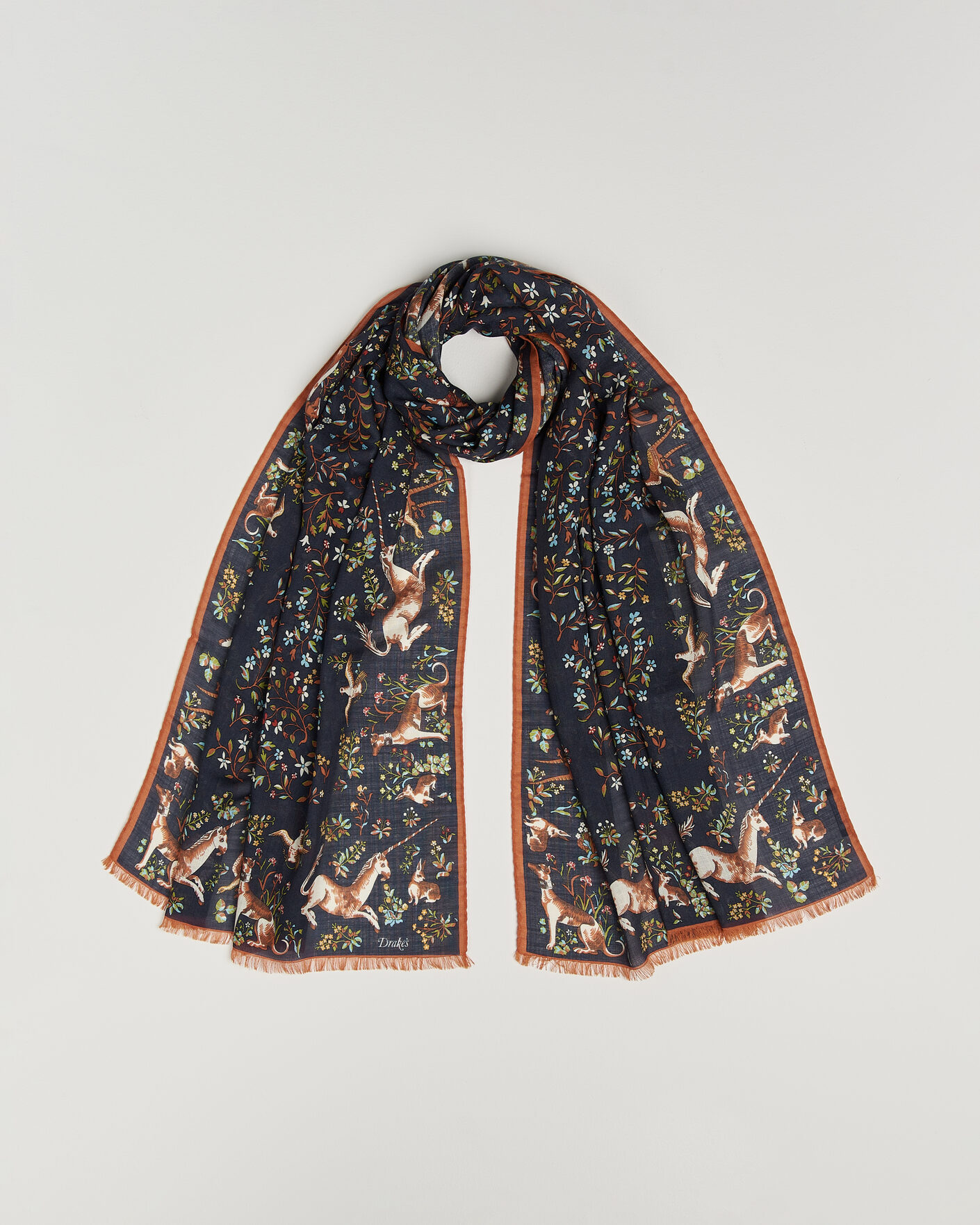 Drake's Unicorn Garden Wool/Silk Print Scarf Navy at CareOfCarl.com