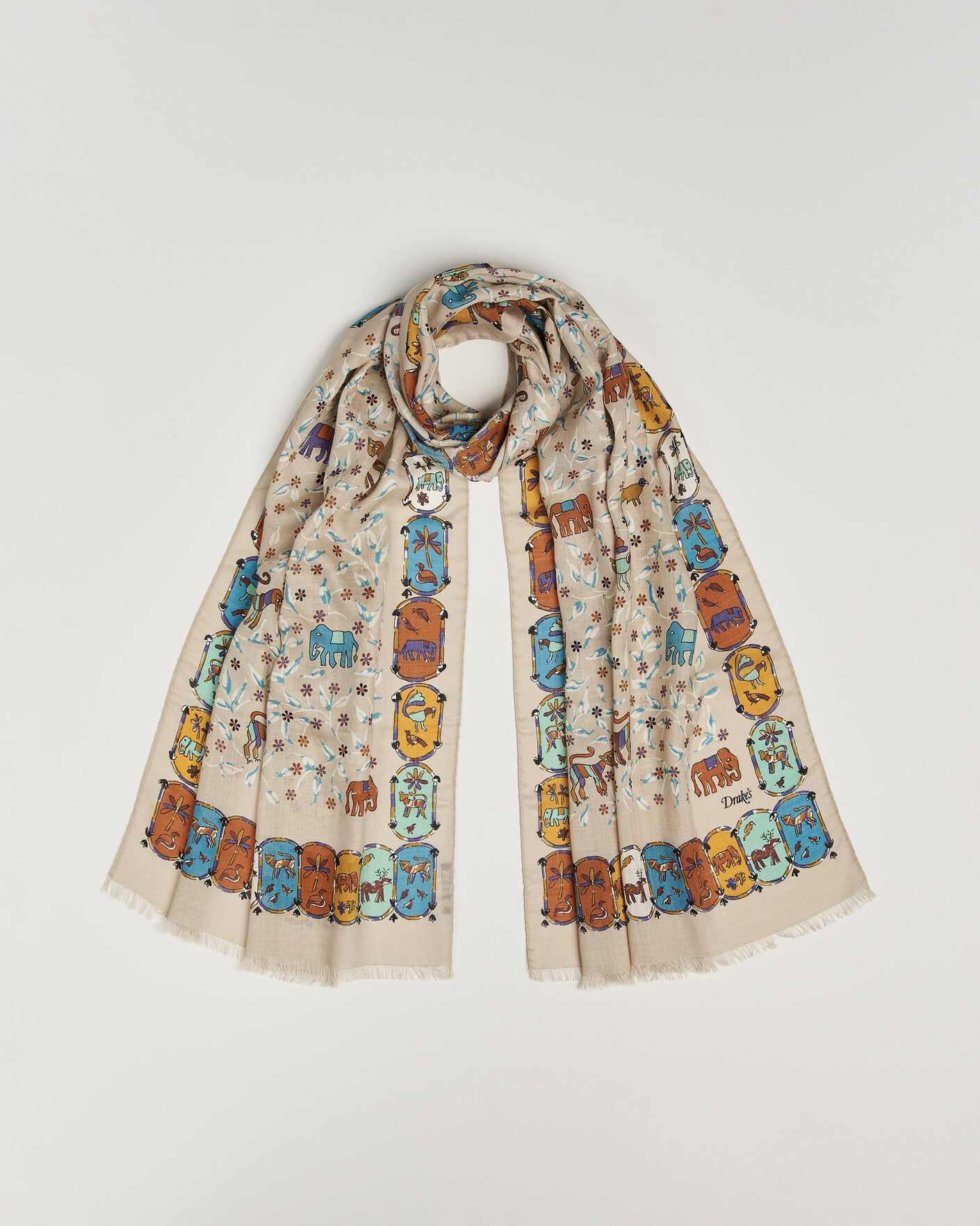 Men | Drake's Loose Animal Wool/Silk Print Scarf Beige | Drake's | Loose Animal Wool/Silk Print Scarf Beige