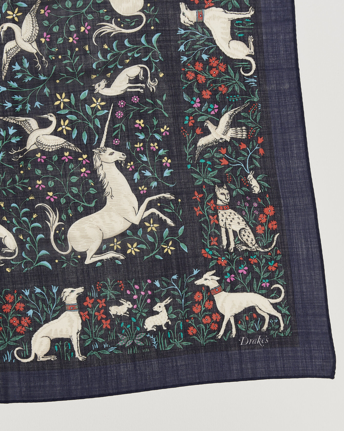 Men | Dress Scarves | Drake's | Unicorn Print Wool/Silk Bandana Navy