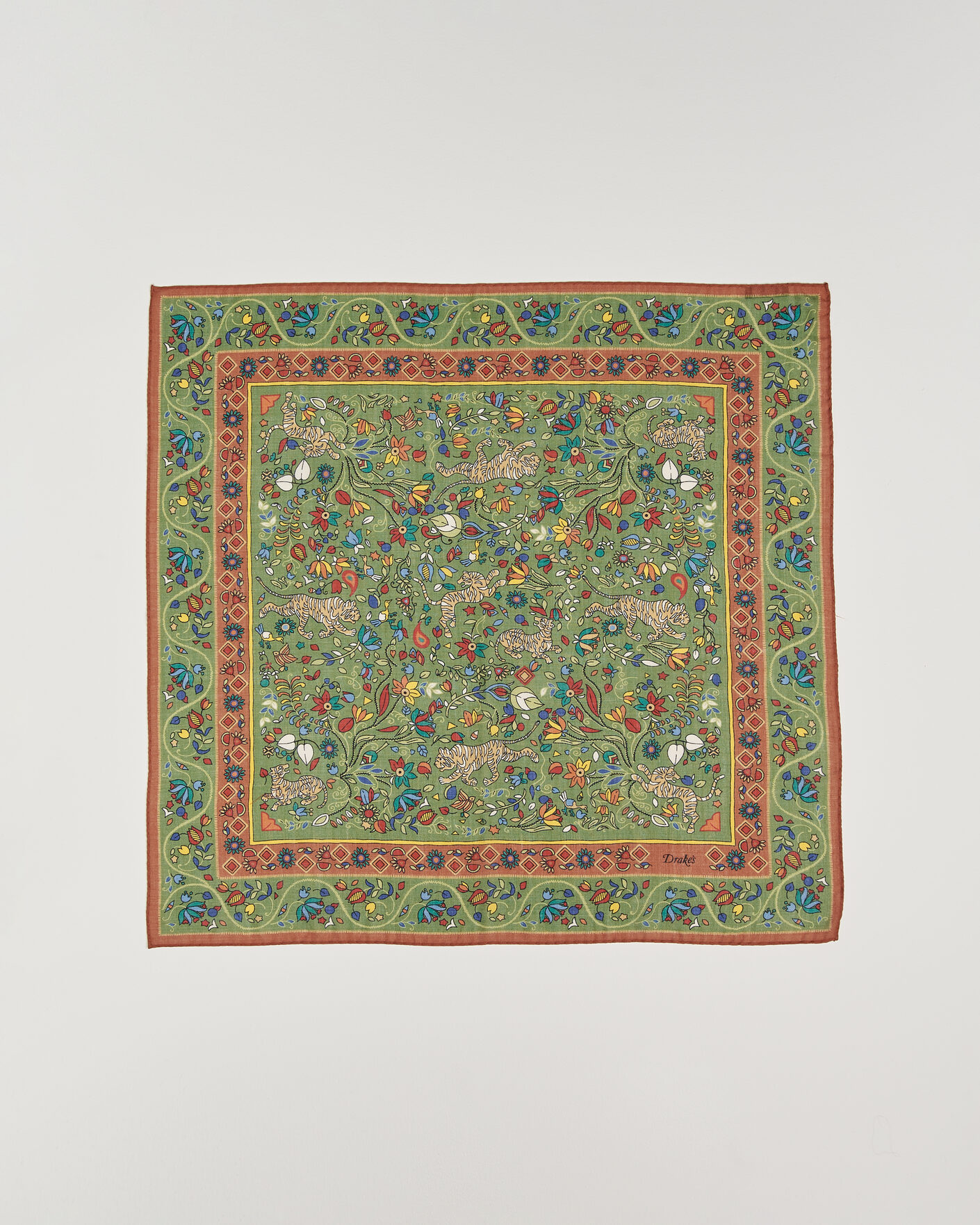 Men | Dress Scarves | Drake's | Tiger Garden Wool/Silk Bandana Green