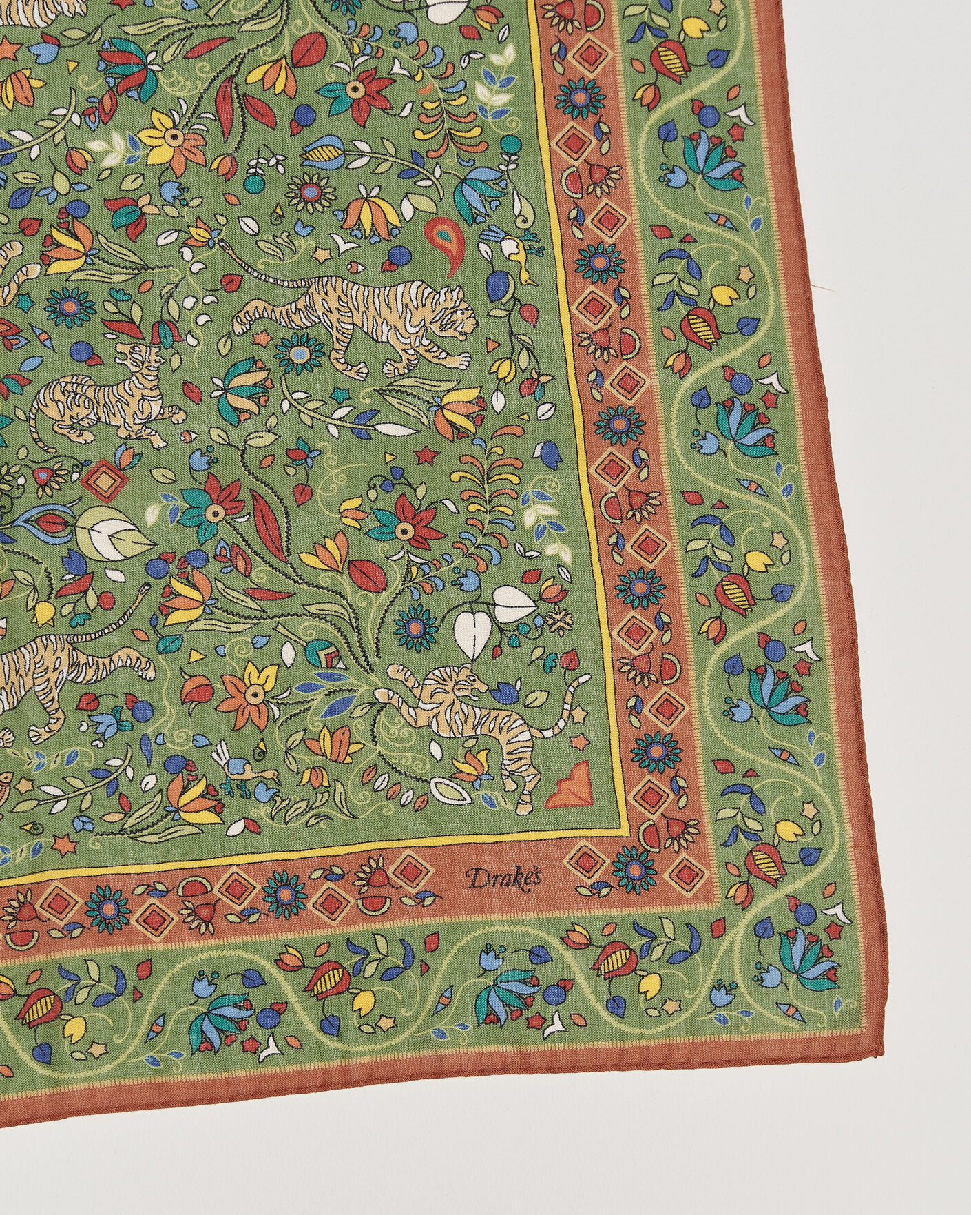 Men | Dress Scarves | Drake's | Tiger Garden Wool/Silk Bandana Green