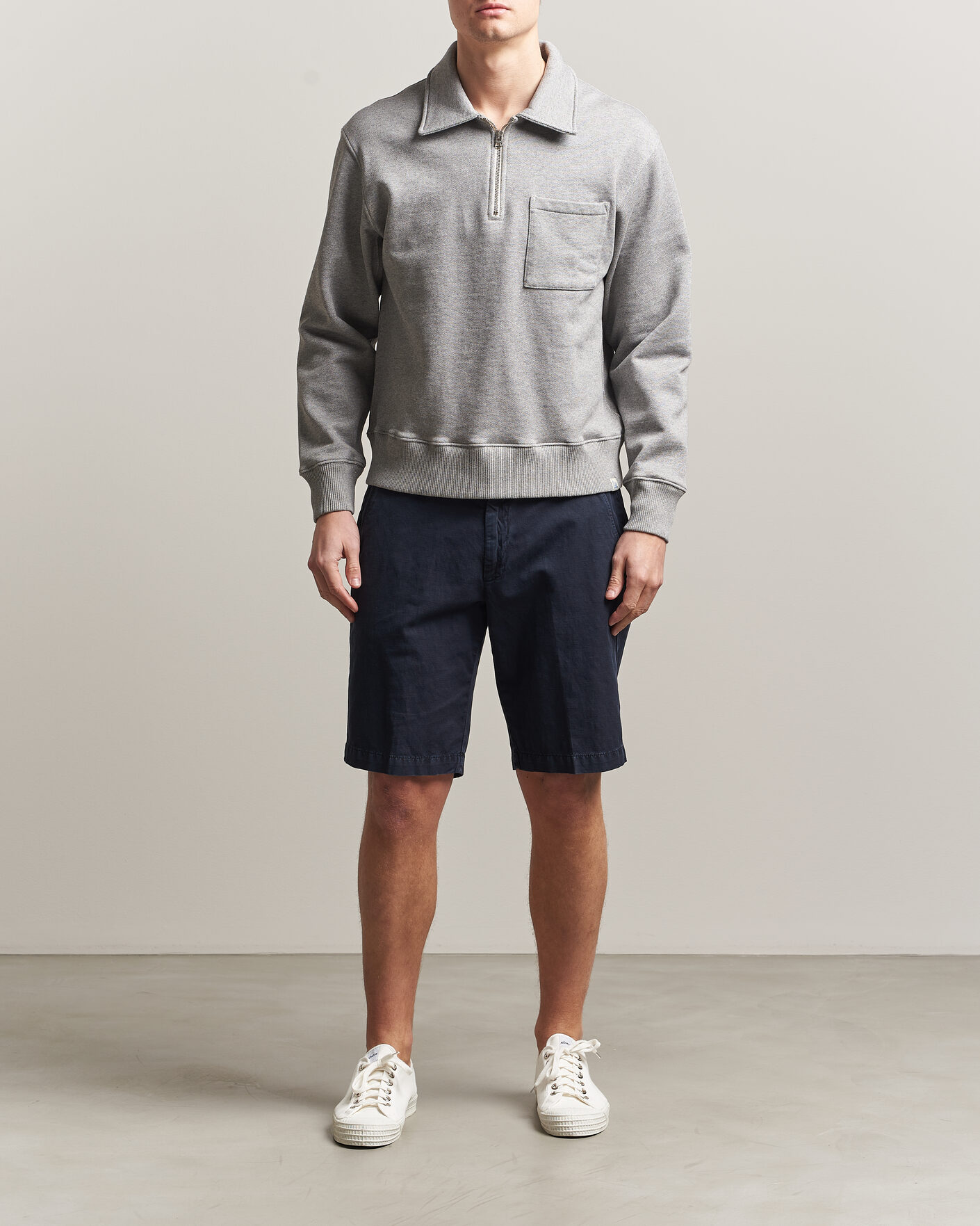 Men | Sweaters & Knitwear | Merz b. Schwanen | Classic Fit Authentic Fleece Half Zip Grey Melange