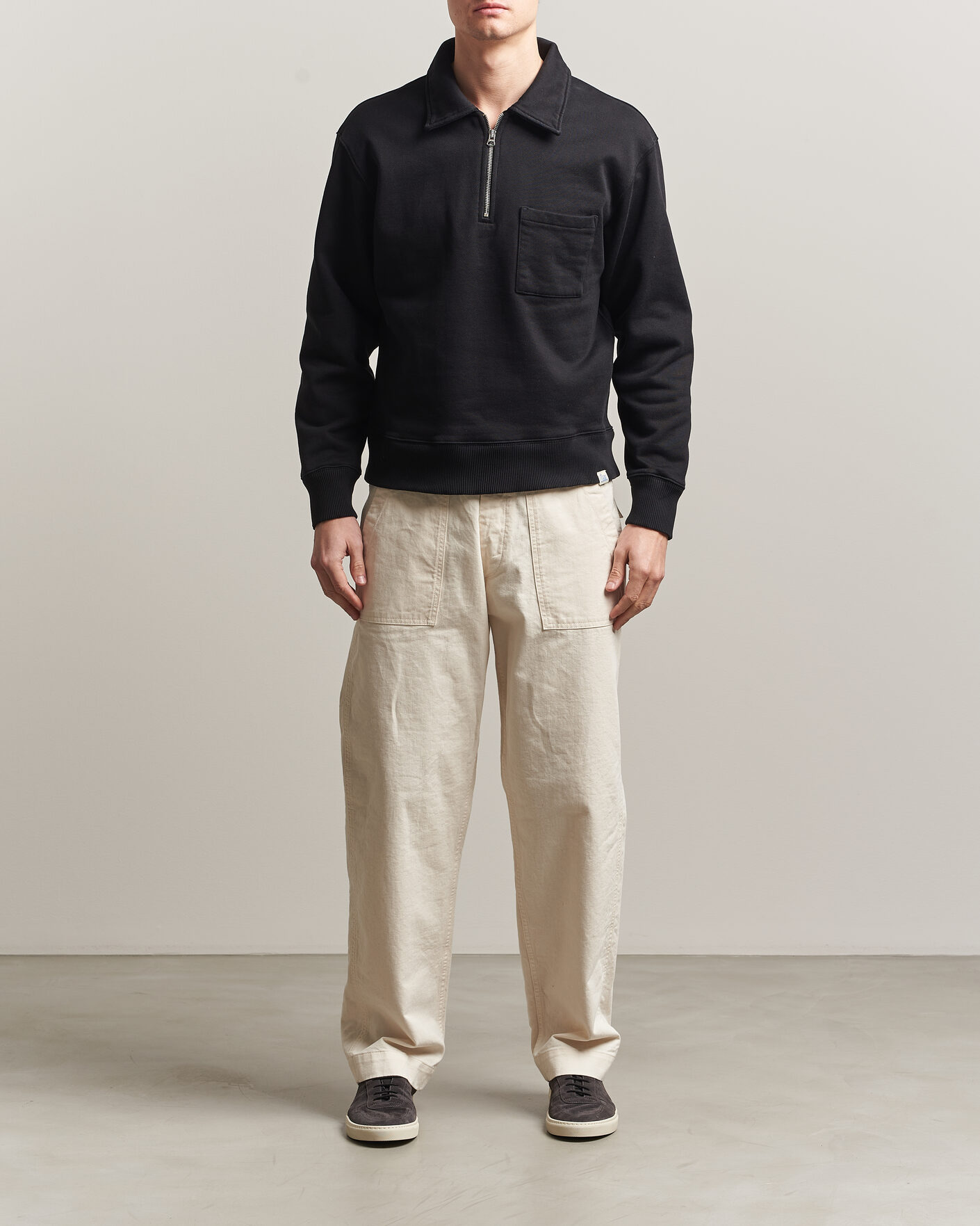 Men | Sweaters & Knitwear | Merz b. Schwanen | Classic Fit Authentic Fleece Half Zip Black