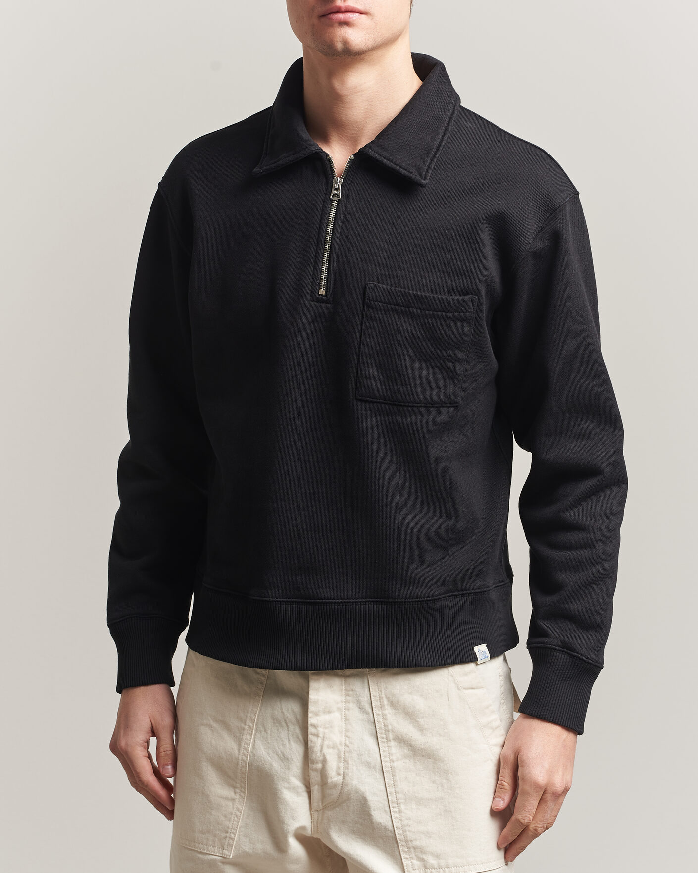 Men | Sweaters & Knitwear | Merz b. Schwanen | Classic Fit Authentic Fleece Half Zip Black