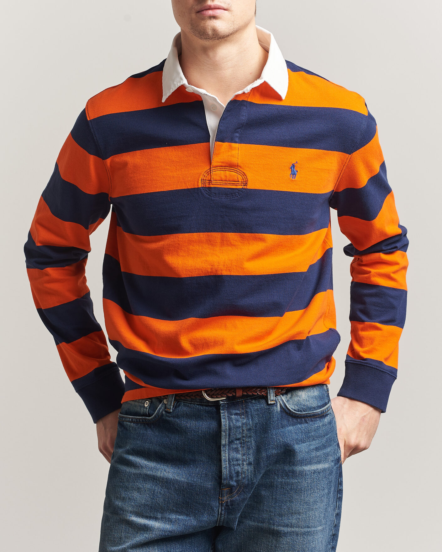 Men | Sweaters & Knitwear | Polo Ralph Lauren | Jersey Striped Rugger Sailing Orange/Newport Navy