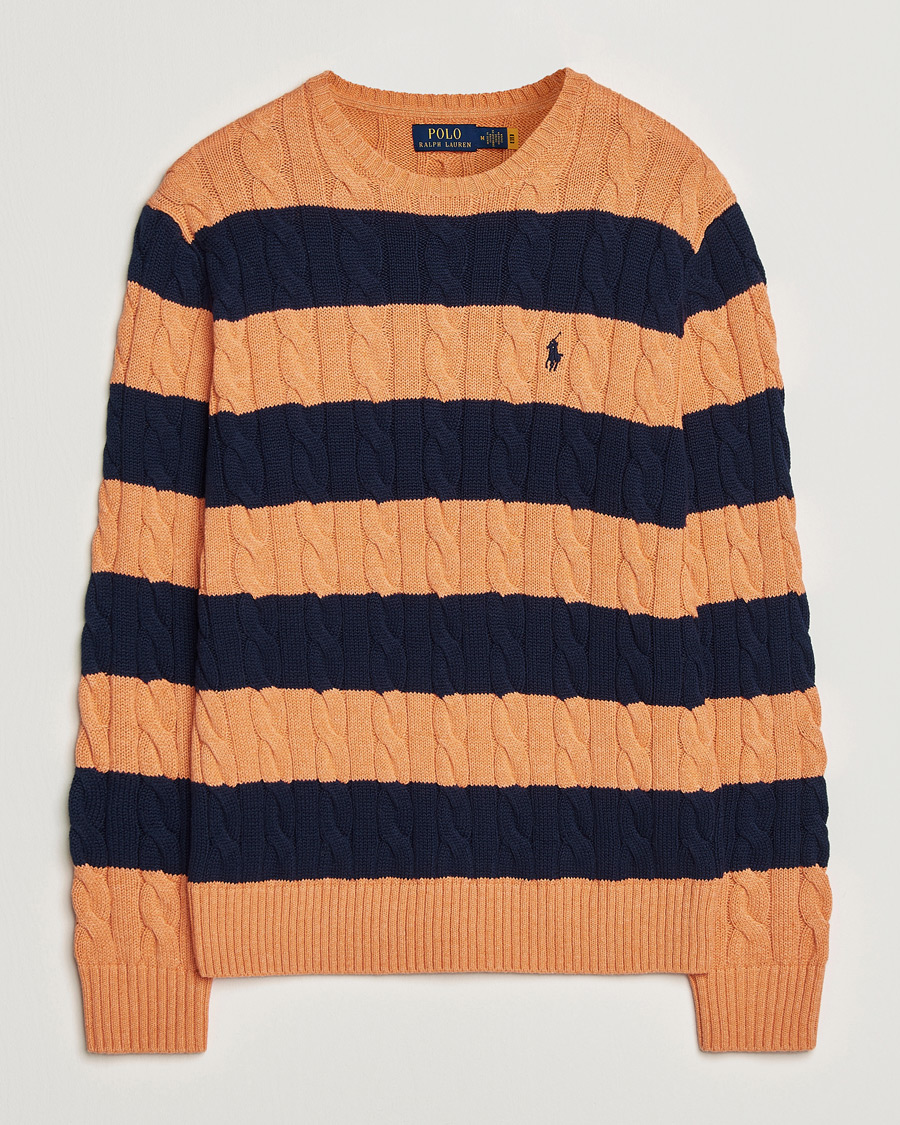 Men | Sweaters & Knitwear | Polo Ralph Lauren | Striped Cotton Cable Sweater Orange Navy Combo