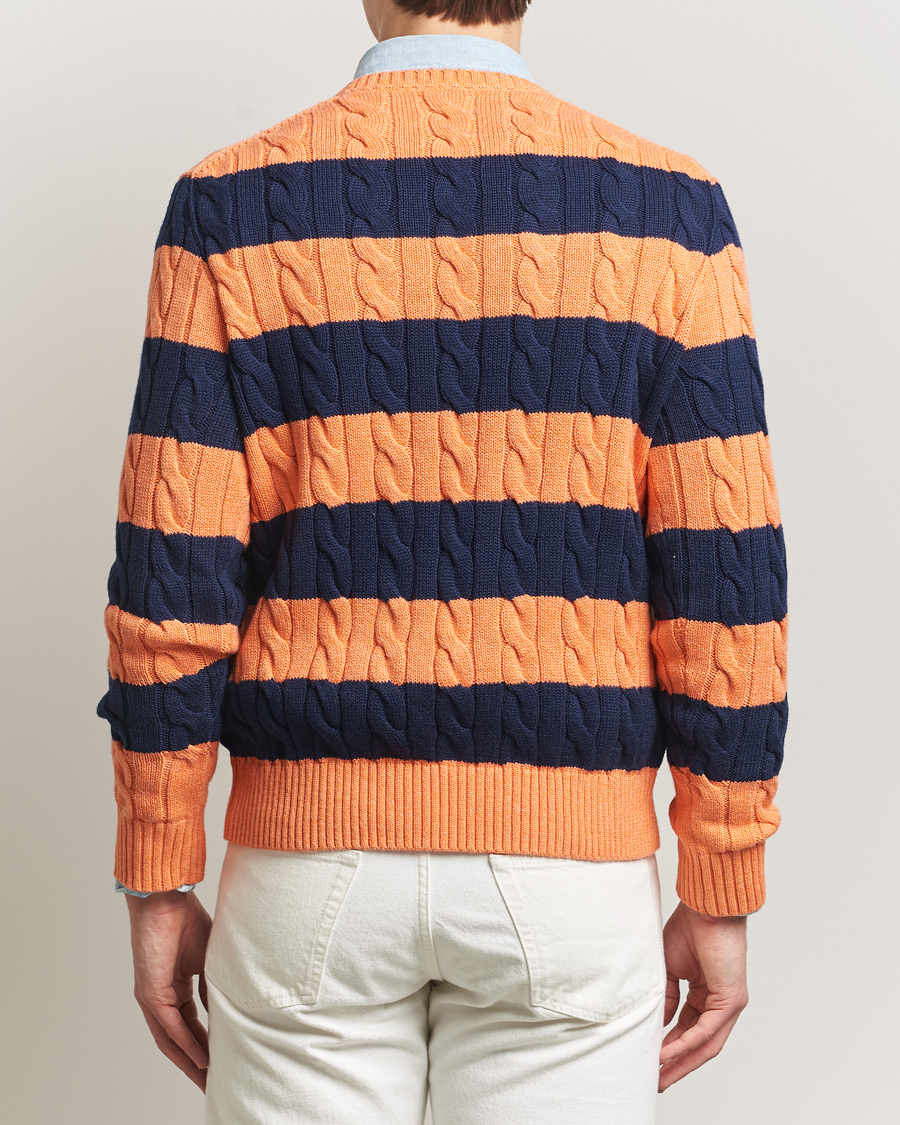 Men | Sweaters & Knitwear | Polo Ralph Lauren | Striped Cotton Cable Sweater Orange Navy Combo