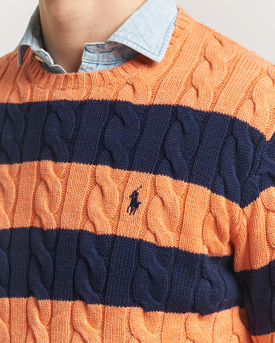 Men | Sweaters & Knitwear | Polo Ralph Lauren | Striped Cotton Cable Sweater Orange Navy Combo