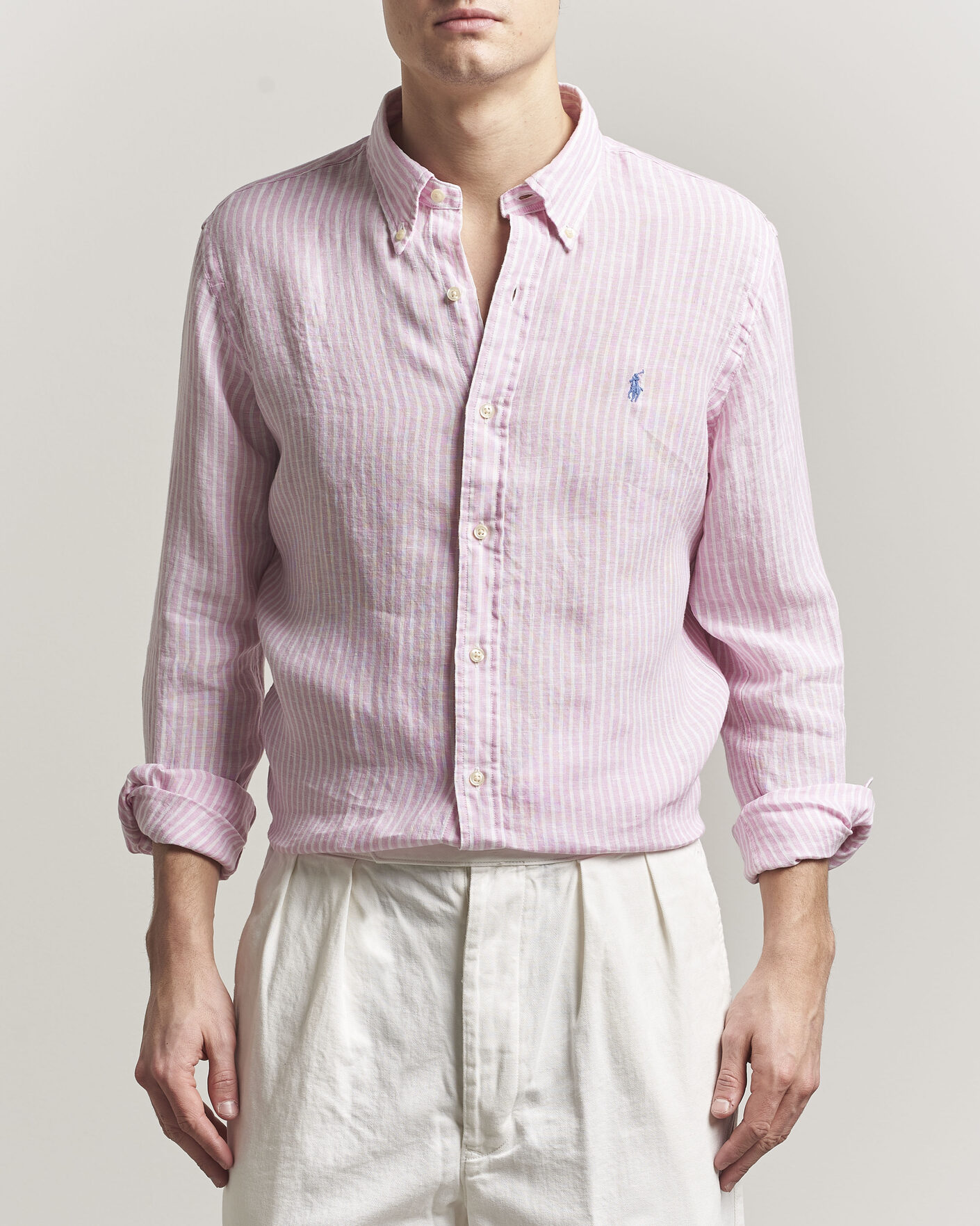 Men | Shirts | Polo Ralph Lauren | Custom Fit Linen Shirt Pink/White