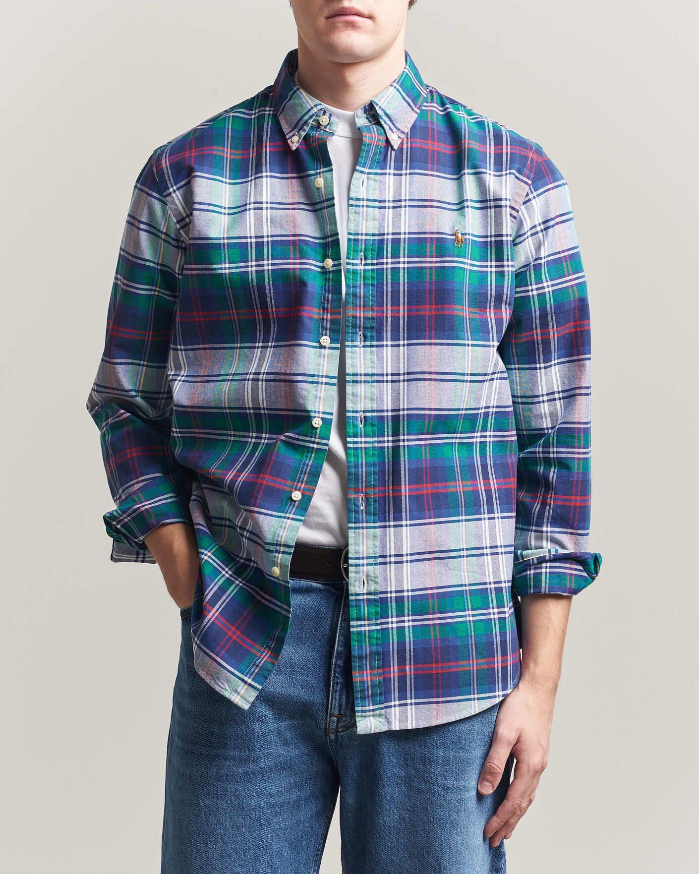 Men | Shirts | Polo Ralph Lauren | Custom Fit Checked Oxford Shirt Green/Blue Multi