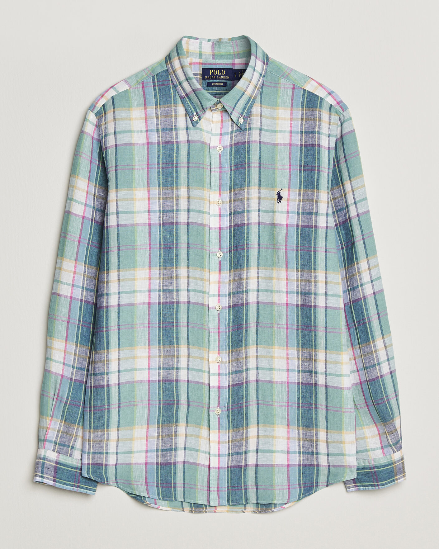 Polo Ralph Lauren Custom Fit Check Linen Shirt Green/Blue/White at CareOfCa