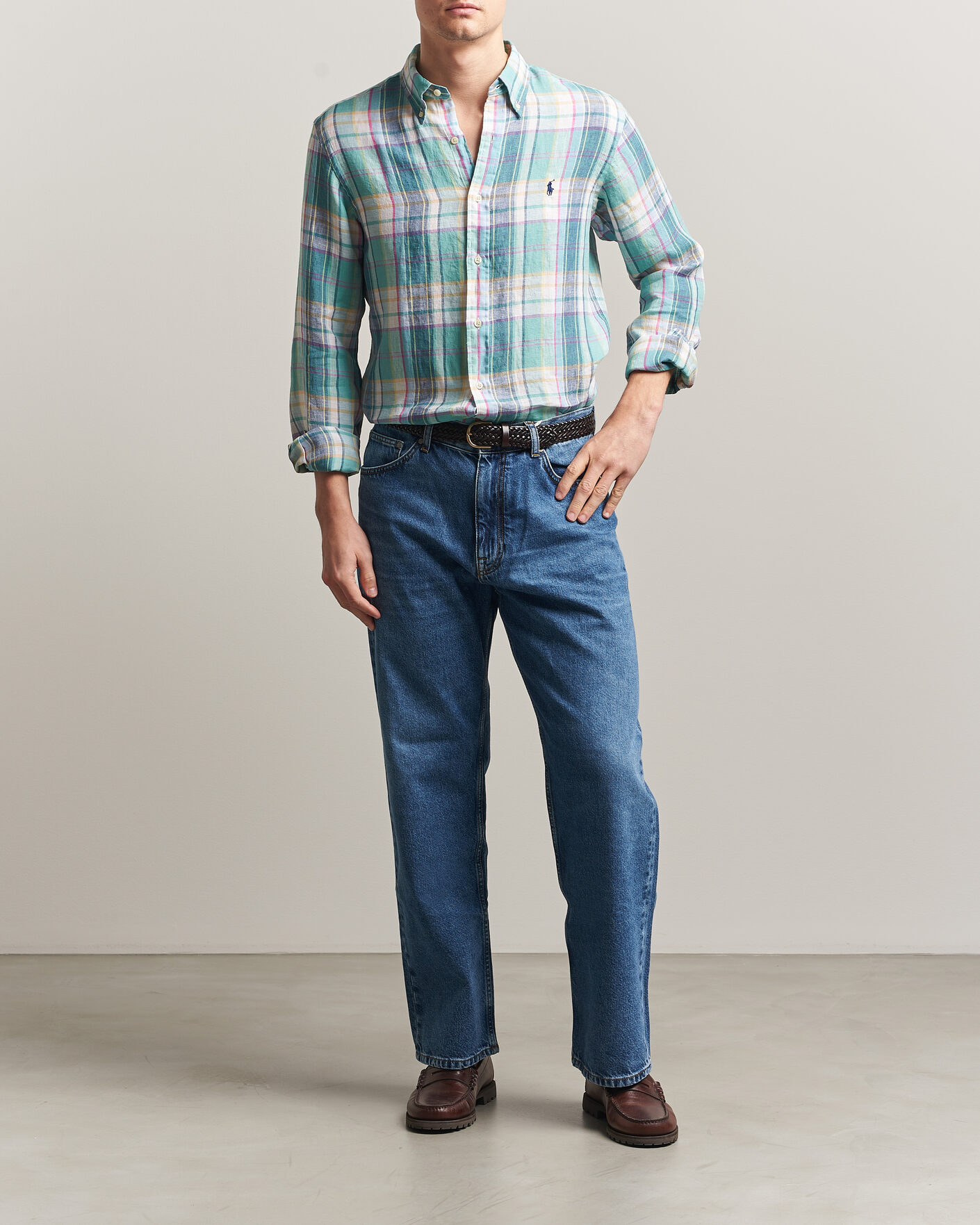 Men | Shirts | Polo Ralph Lauren | Custom Fit Check Linen Shirt Green/Blue/White